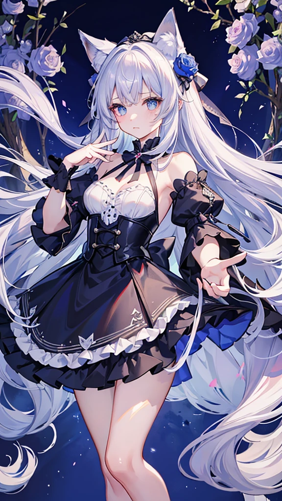 Masterpiece、Best image quality、Highest quality、High resolution、Head portrait、Anime Style、Beautiful sky full of stars、Left eye is red、Right eye is blue、Your eyes are pure and clear like jewels.、Fox ears、Her hair is a beautiful silvery white、A single flyaway hair、Sophisticated long wavy hair、She has beautiful light blue twin long extensions on both sides of her hair.、Golden bell hair ornament、18-year-old fox girl、Deep blue gothic lolita outfit with rose embroidery、Big ribbon on the chest、Beautiful CG、highlight、Small breasts、Hyper HD、16K,Perfect silver hair、Unparalleled cuteness、8K、Delicately depict facial features、Delicate depiction of hair)、(+++Complete Hand:2+++)、(+Gear 1.9+)、Delicately drawn fingers、4K quality、Extremely detailed depiction、A very delicate painting、One person girl、Adorable、whole body