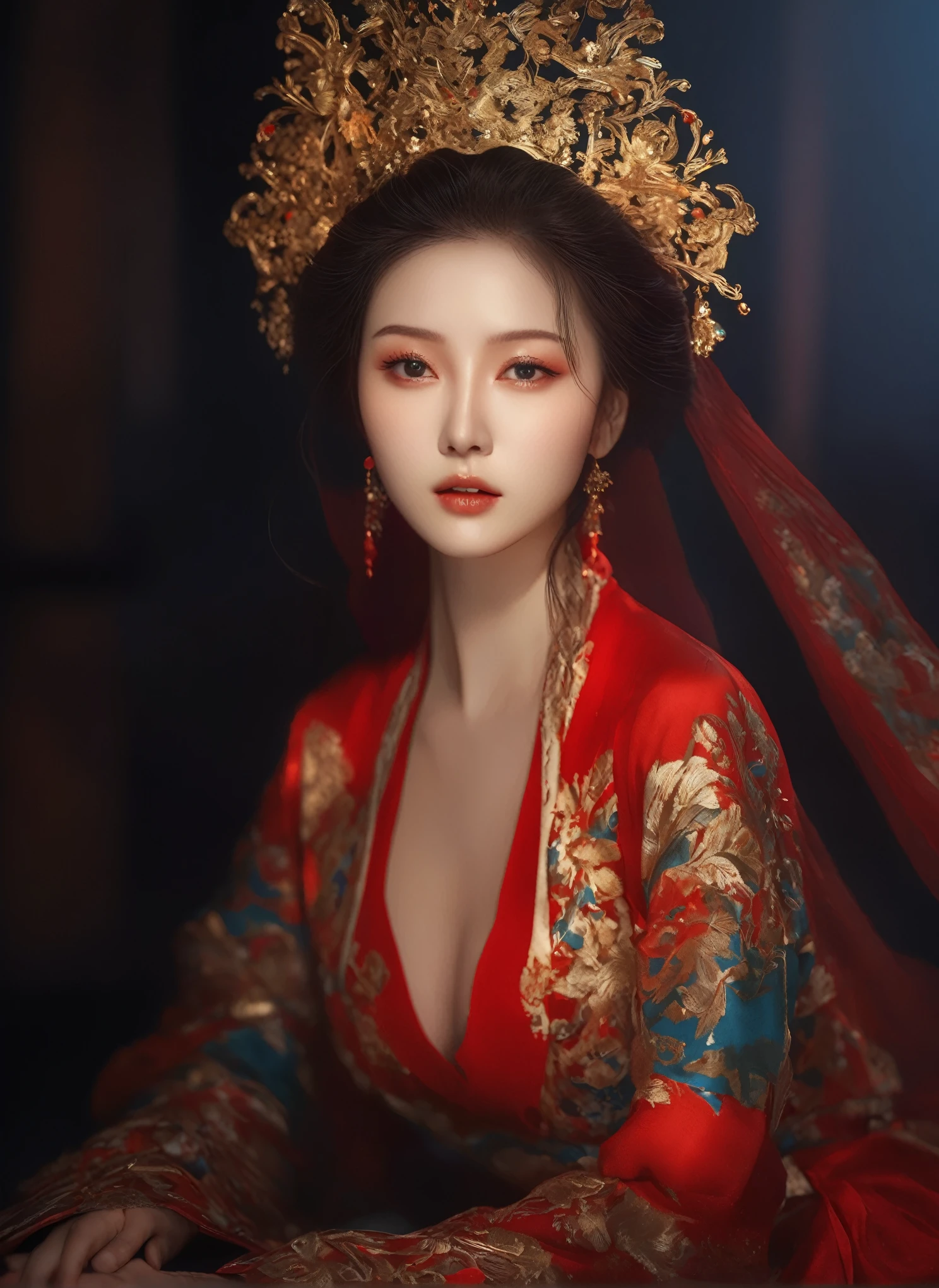 (masterpiece, best quality, Very detailed, The best shadow), (Detailed background), (Delicate face), High contrast, (Optimal lighting, Extremely refined), Colorful, Extremely detailed, Dramatic lighting, Beautiful background, Intricate details, (1 girl, Solitary, Colorful hair, Pointed face, Red Eyes, Hair between the eyes, Dynamic Angle, Red clothes), Looking at the audience, Blood,(Broken Gek Ring, in the room, whole body, Delicate eyes, beautiful eyes, 8K, 4K, best quality, masterpiece, beautiful eyes, realism