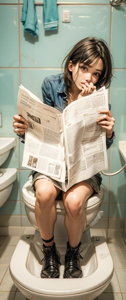 Man sitting on toilet and reading newspaper,(Pretty Face:1.5)、(masterpiece: 1.4), (8000, realism, RAW photos, best quality: 1.4), (Lifelike face: 1.4), (Optimal eye proportions: 1.5), attractive, Ultra-high resolution, surrealism, Very detailed, Optimal aspect ratio, (
