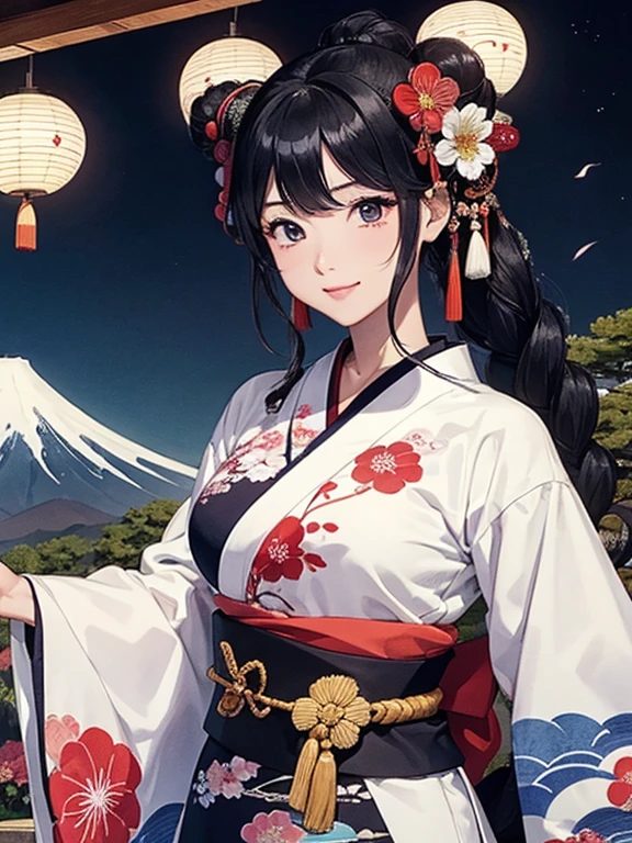 (Highest quality、masterpiece、High resolution、8K)、Ukiyo-e、Vibrant colors、Katsushika Hokusai、1 female、Black hair Japanese topknot、whole body、Bon dance、着物は和装で白地に鮮やかなflower柄模様、Official Art、背景はUkiyo-e風、White waves,Fuji Mountain,flower,moon,cloud,