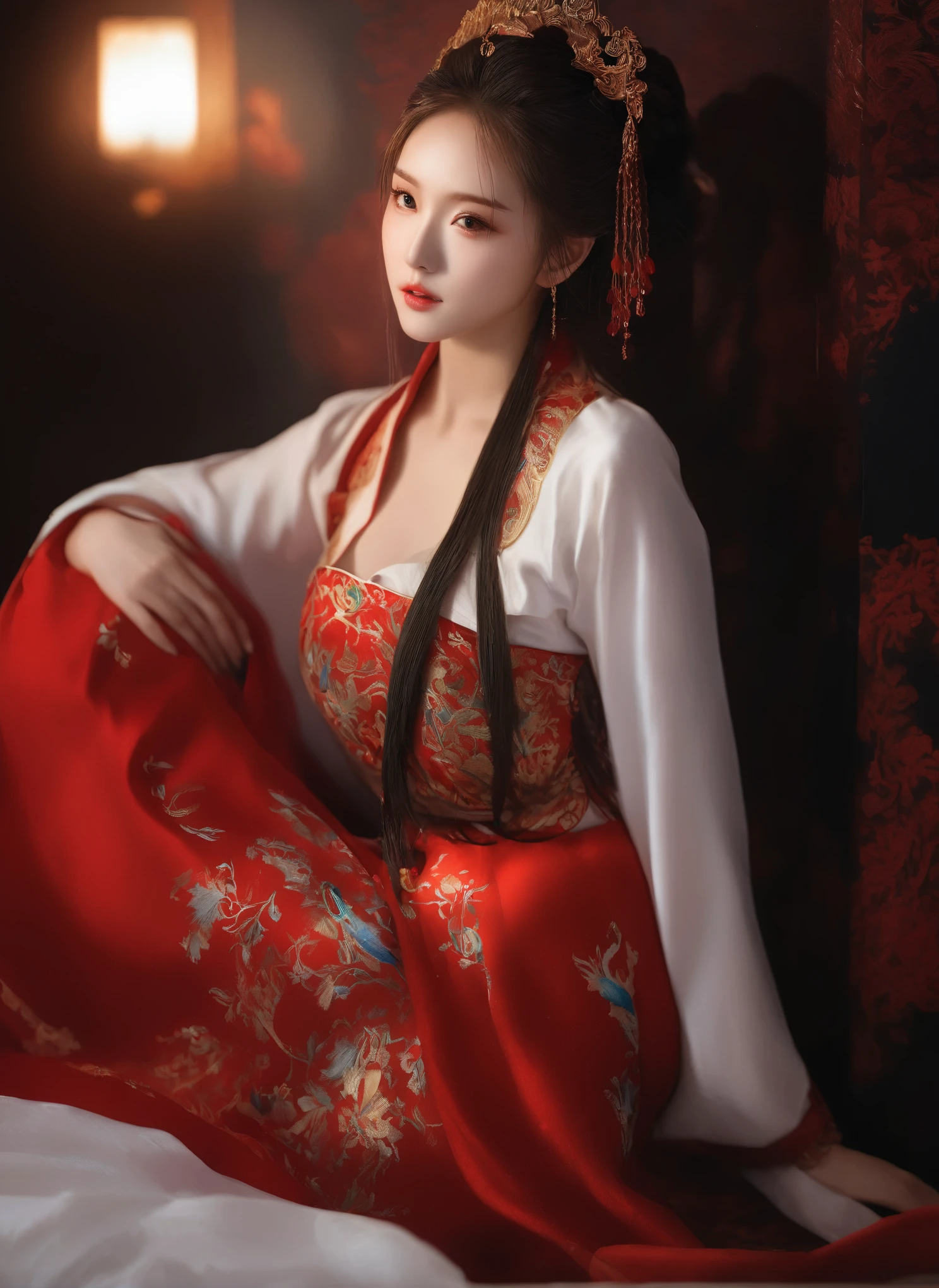 (masterpiece, best quality, Very detailed, The best shadow), (Detailed background), (Delicate face), High contrast, (Optimal lighting, Extremely refined), Colorful, Extremely detailed, Dramatic lighting, Beautiful background, Intricate details, (1 girl, Solitary, Colorful hair, Pointed face, Red Eyes, Hair between the eyes, Dynamic Angle, Red clothes), Looking at the audience, Blood,(Broken Gek Ring, in the room, whole body, Delicate eyes, beautiful eyes, 8K, 4K, best quality, masterpiece, beautiful eyes, realism