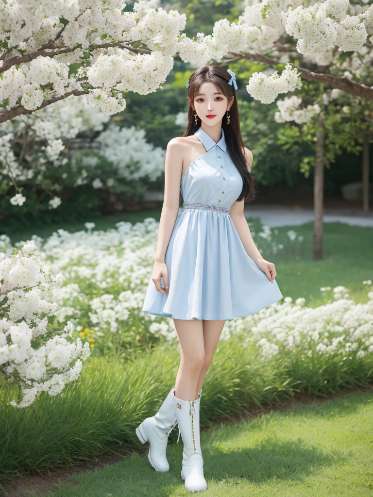 Beautiful woman wearing a blue white Wearing uniform While standing korea style clothes mini dress with decorations on the shirt and visible shoulders and wearing boots and being photographed with a background And he was in the middle of a yard filled with beautiful white flowers,Korean style swag, beautiful face so gorgeous, Beautiful eyes, y2k style,