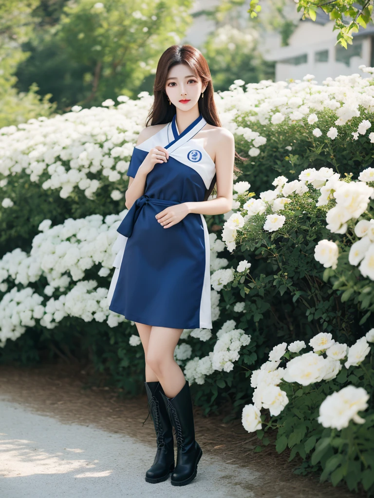 Beautiful woman wearing a blue white Wearing uniform While standing korea style clothes mini dress with decorations on the shirt and visible shoulders and wearing boots and being photographed with a background And he was in the middle of a yard filled with beautiful white flowers,Korean style swag, beautiful face so gorgeous, Beautiful eyes, y2k style,