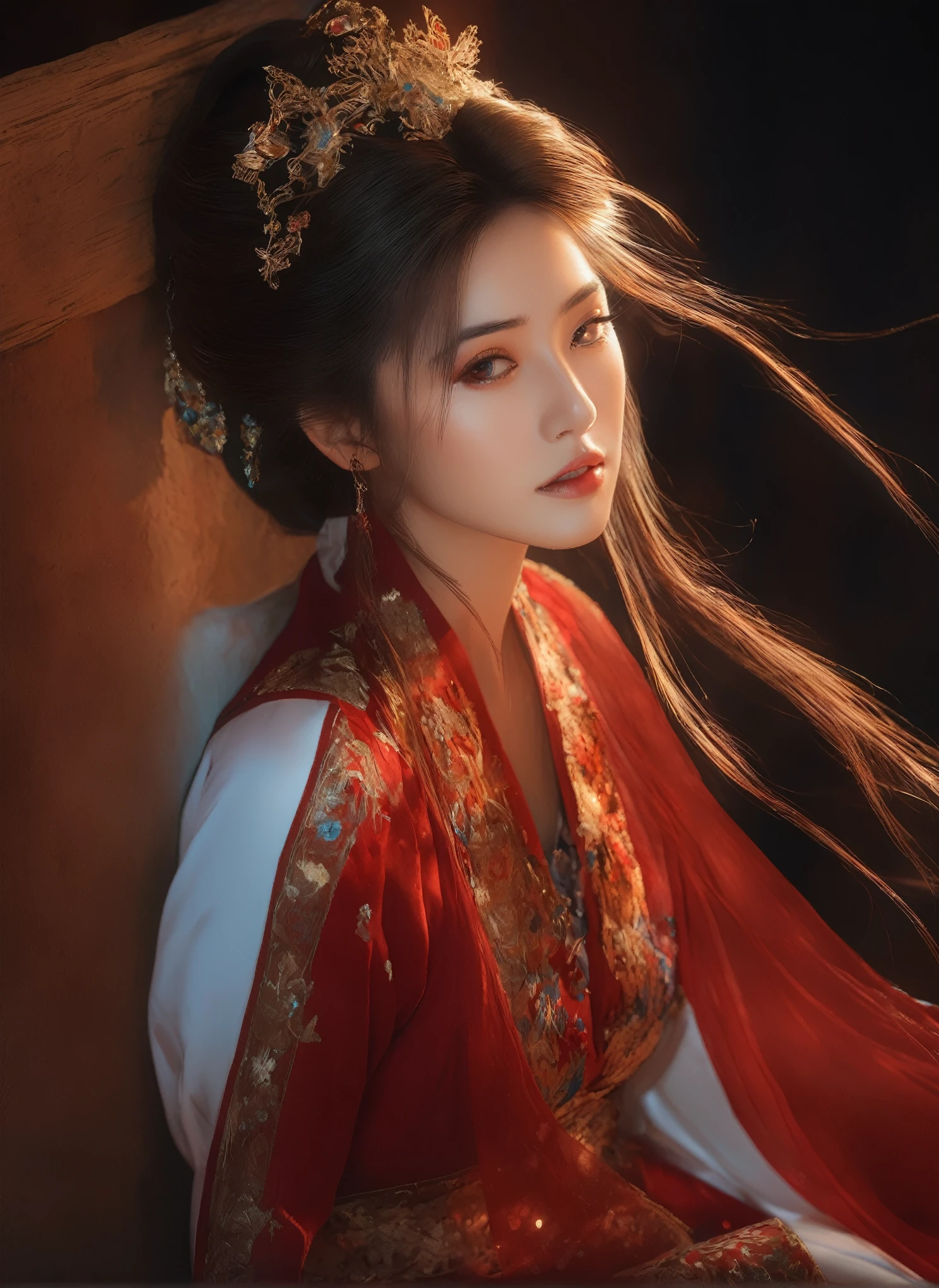 (masterpiece, best quality, Very detailed, The best shadow), (Detailed background), (Delicate face), High contrast, (Optimal lighting, Extremely refined), Colorful, Extremely detailed, Dramatic lighting, Beautiful background, Intricate details, (1 girl, Solitary, Colorful hair, Pointed face, Red Eyes, Hair between the eyes, Dynamic Angle, Red clothes), Looking at the audience, Blood,(Broken Gek Ring, in the room, whole body, Delicate eyes, beautiful eyes, 8K, 4K, best quality, masterpiece, beautiful eyes, realism