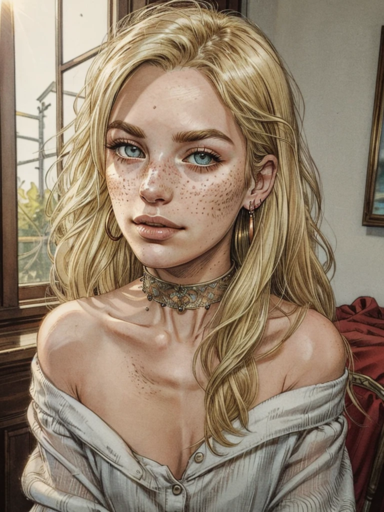 (best quality, masterpiece1.2), (detailed eye:1.2), intricate detail, depth of field, 20 years old girl, sitting, off shoulder, backlight, sunlight, (blonde, long hair:1.2), freckles, see-through, looking at viewer, earrings, hair ornament, choker, wind, lens flare, sultry look, seductive,