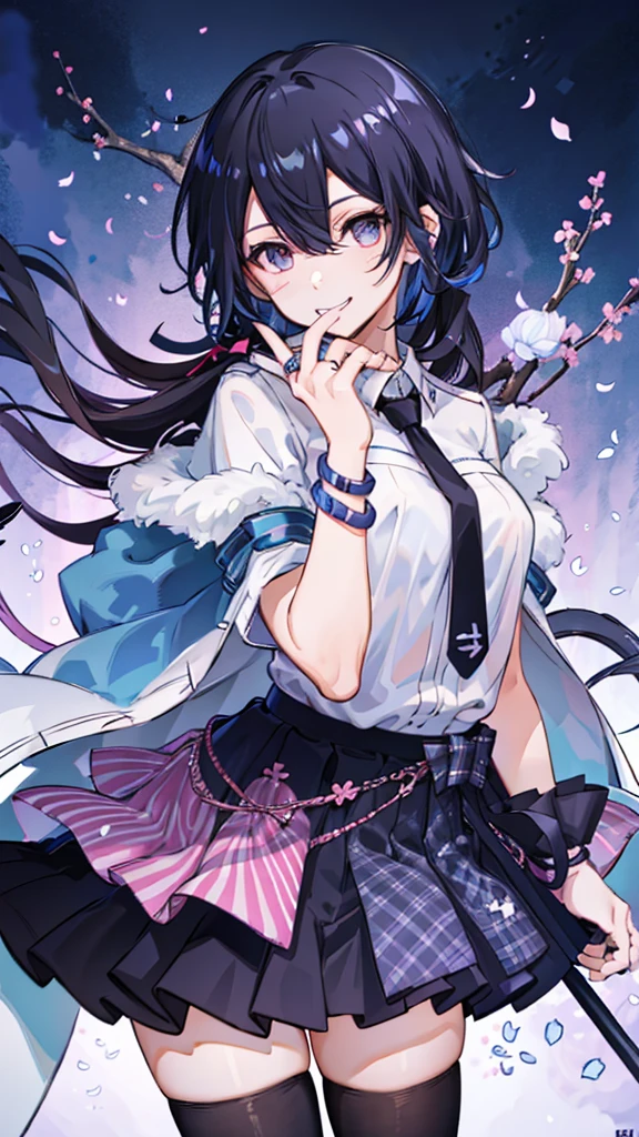 masterpiece, best quality,  full body,
1girl, bangs, black choker, black necktie, black hair, blue skirt, blush, bracelet, breasts, choker, clothes around waist, collarbone, collared shirt, cowboy shot, dress shirt, ear piercing, eyebrows visible through hair, gradient hair, grin, gyaru, jewelry, kogal, long hair, looking at viewer, loose necktie, necktie, piercing, plaid, plaid skirt, pleated skirt, red eyes, ring, school uniform, shirt, skirt, smile, solo, white shirt,
street, sky, cherry blossoms, petals,illustration, (magazine:1.3), (cover-style:1.3), fashionable, woman, vibrant, outfit, posing, front, colorful, dynamic, background,  elements, confident, expression, holding, statement, accessory, majestic, coiled, around, Touch, scene, Text, cover, bold, attention-grabbing, title, stylish, Font, catchy, headline, larger, striking, modern, trendy, focus, fashion,Female Kirito、Long hair、Black tights，手