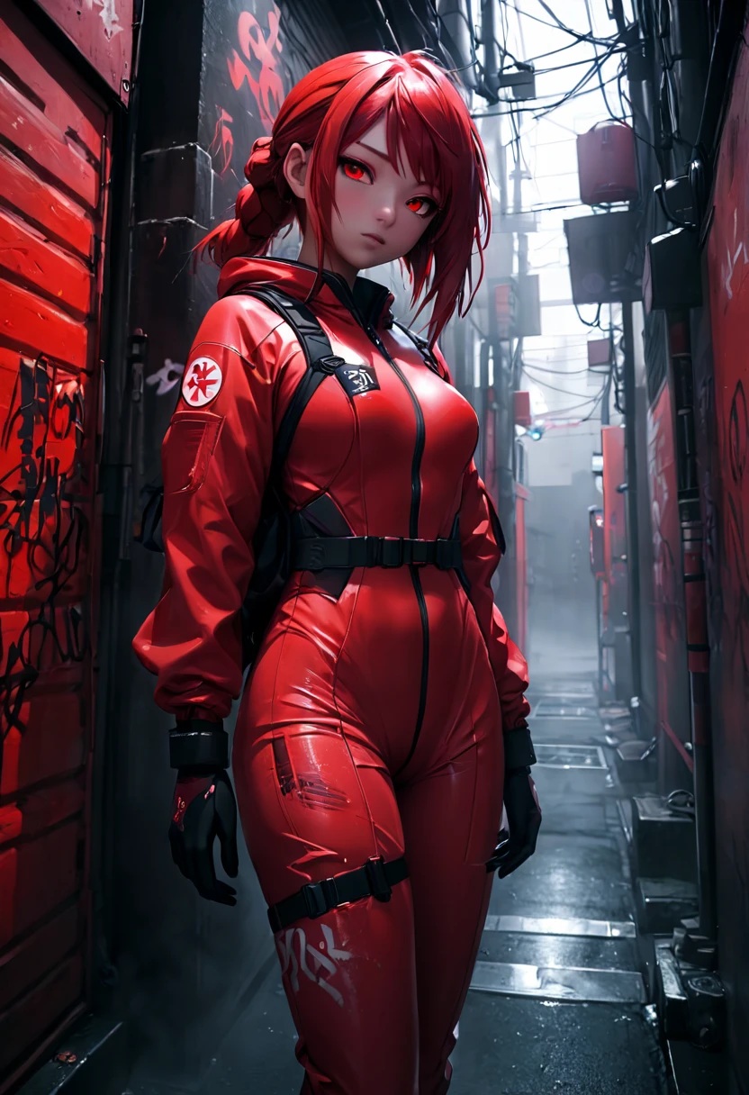 1girl, red survival suit, red hair, red eyes, dark alley, red graffiti, japanese led, fog, 8k, ambient occlussion, focus on subject