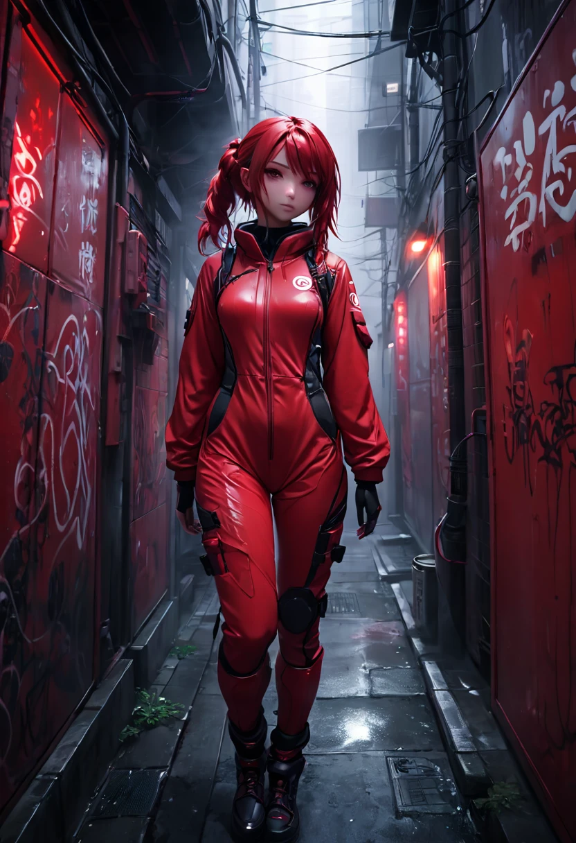 1girl, red survival suit, red hair, red eyes, dark alley, red graffiti, japanese led, fog, 8k, ambient occlussion, focus on subject