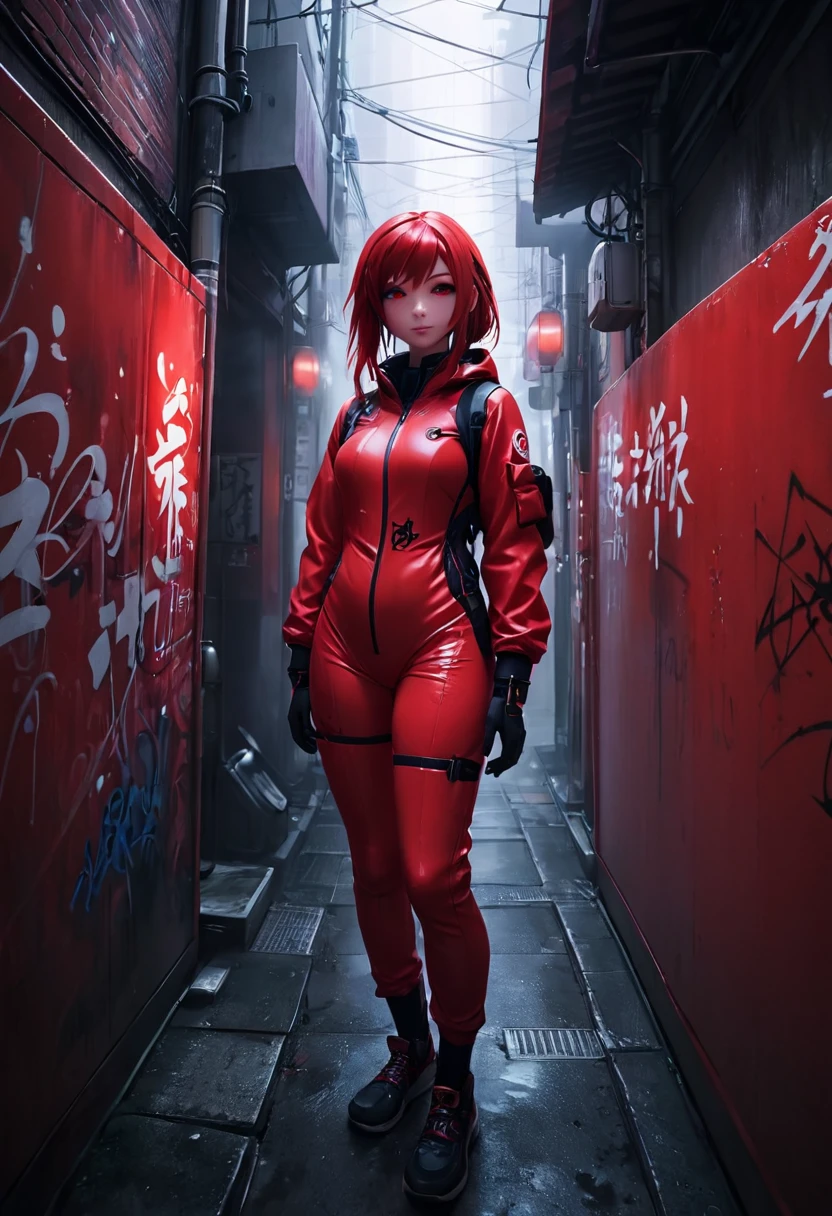 1girl, red survival suit, red hair, red eyes, dark alley, red graffiti, japanese led, fog, 8k, ambient occlussion, focus on subject