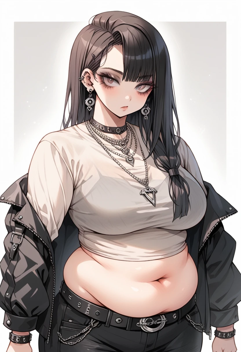 Curvy goth anime girl, overweight fat girl, pretty anime girl, beautiful chubby anime girl, big tummy, large breasts, wide hips, curvy butt, stomach rolls, stomach bump, fashionable, cool clothes, fun clothes, fashion, accessories, jacket, jewelry, bracelet, earrings, necklace, rings, accessories, belt, skirt, dress, pants, shirt, long shirt, low cut tshirt, baggy shirt, confident, cool fashionable girl, attractive, cool, hot woman, goth, alternative style, goth style, cool clothes, makeup