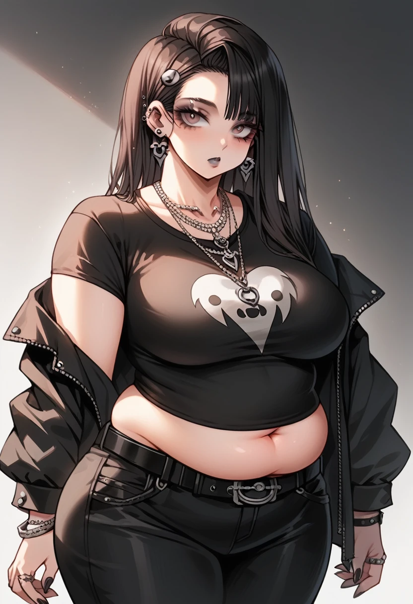 Curvy goth anime girl, overweight fat girl, pretty anime girl, beautiful chubby anime girl, big tummy, large breasts, wide hips, curvy butt, stomach rolls, stomach bump, fashionable, cool clothes, fun clothes, fashion, accessories, jacket, jewelry, bracelet, earrings, necklace, rings, accessories, belt, skirt, dress, pants, shirt, long shirt, low cut tshirt, baggy shirt, confident, cool fashionable girl, attractive, cool, hot woman, goth, alternative style, goth style, cool clothes, makeup