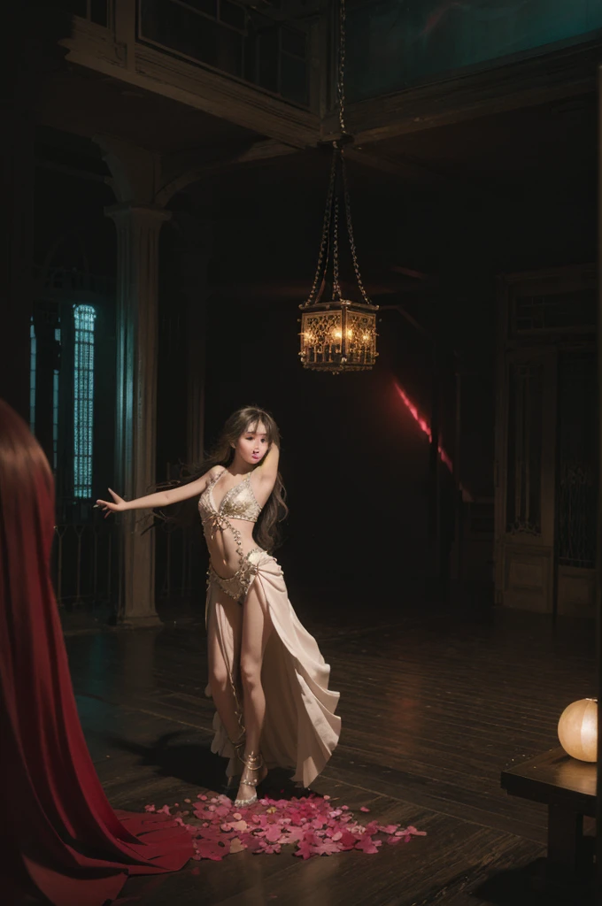 Caged dancer,1 Girl,whole body,Solitary,Melancholy的,Melancholy,Nostalgia,loneliness,Flowing hair,petal,Chromatic Aberration,,chain,Surrealist imagery,Dreamy atmosphere,Vivid contrasting colors, Complex and detailed elements, Dim Lights, Introspective Composition,Tryptophan