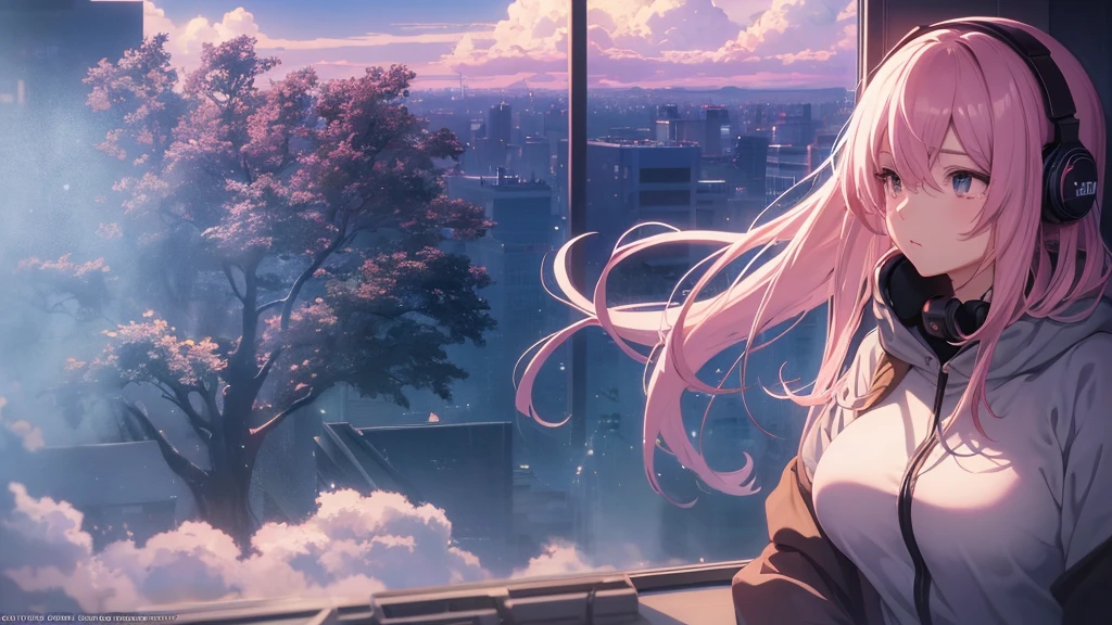 Absurd, Ultra-high resolution, (Official Art, beautifully、mysterious:1.2), Impressive eyes, light pink long hair, Larger than average bust, Correct human body composition, Girl listening to music with headphones, Looking out the window, Lo-fi Girl, and oversized hoodie, Makoto Shinkai and Artgelm, Anime atmosphere, Lofi art style, Anime style 8k, Anime Aesthetics, Lo-fi feeling, Anime Art Wallpapers 8K, An atmosphere of praise, City girl's room, Rooms with large windows, Emotional cityscape, Bright Sky, A vast world