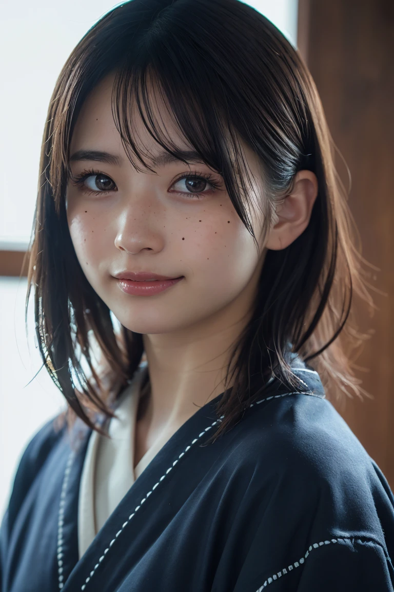 (kimono),Random Pause,、(Highest quality,masterpiece:1.3,Ultra-high resolution,),(Very detailedな,Caustics),(Photorealistic:1.4,RAW shooting,)Ultra-Realistic Capture,Very detailed,High resolution 16K human skin closeup、 Natural skin texture、Skin tone is even and healthy looking、 Use natural light and color,1 Girl,Japanese,28 years old,cute,Black-haired,Mid-length hair,,smile,,(Written boundary depth、chromatic aberration、Wide range of lighting、Natural Shading,freckles,Mole under left eye