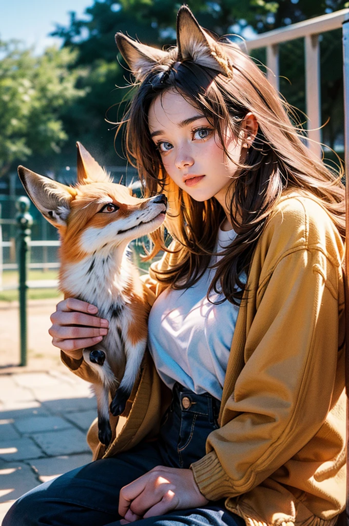 a female zoo administrator, 22yo, feeding fox, Super high saturation, bright and vivid colors, Smile, high details, super detail, highres, (best quality, masterpiece, Representative work, official art, Professional, 8k)