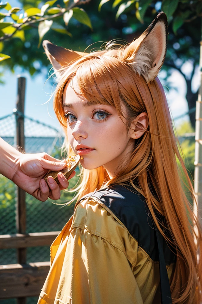 a female zoo administrator, 22yo, feeding fox, Super high saturation, bright and vivid colors, Smile, high details, super detail, highres, (best quality, masterpiece, Representative work, official art, Professional, 8k)