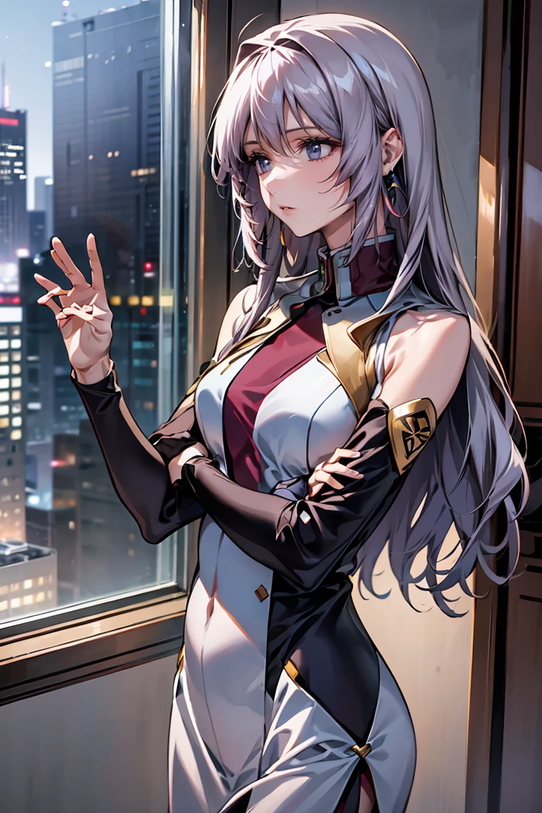 「A 20-year-old young female pilot、Height: 165cm、(Long wavy silver hair:1.8, Deep purple eyes)。With skin as white as porcelain、His calm and intelligent expression exudes kindness.。Wearing an elegantly designed futuristic suit、Silver and purple accents。A shiny bracelet on his left wrist、She has a small earring in her right ear.。The background is a futuristic cityscape seen from a room in a high-rise building.、Outside the window, the night city spreads out。In a standing position、Hold the window frame lightly with one hand、Gazing into the distance。He exudes an air of keen intelligence and deep compassion.。」)