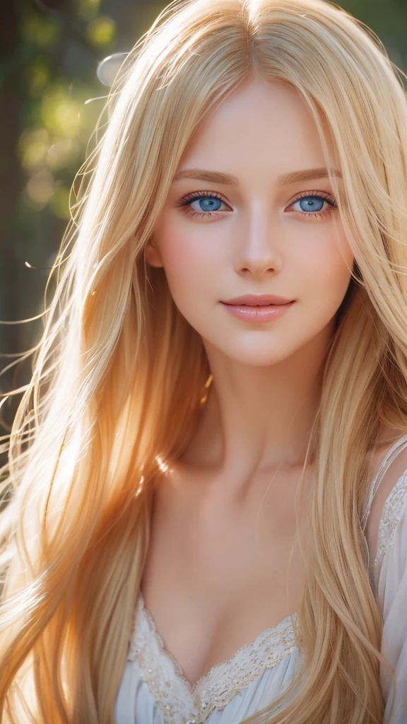 Soft portrait of a beautiful blonde woman, flowing golden hair, captivating blue eyes, delicate features, radiant smile, natural makeup, elegant attire, gentle expression, subtle blush, warm skin tones, ethereal lighting, soft shadows, high-resolution digital painting, realistic style, artistic interpretation, by a skilled portrait artist.