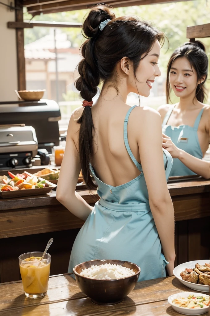 (((best quality))),(((ultra detailed))),(((masterpiece))),illustration,((1 beautiful young girl,solo)),((slim,thin)),((bare back,towering hips,butt crack)),(short ponytail:1.2),(laughing:1.2),stunning, radiant complexion, mesmerizing eyes,((sheer apron,bare arms,bare shoulder)),frilly, domesticity, playfulness, colorful patches, vegetables, cooking utensils, whimsical,delicate features, gentle smile, perfectly aligned teeth, contentment, warmth, friendliness, vibrant atmosphere, bustling,barbecue restaurant, wooden panels, hanging plants, cozy, earthy feel, scent of sizzling meats, spices, patrons, tables, meals, laughter, lively ambiance, gleaming wooden counter, checkout counter, assortment of bills, receipts, cash register, calm, collected, typing, precision, simplicity, joy, hard work, hospitality, culinary delights,((from back,upper body))