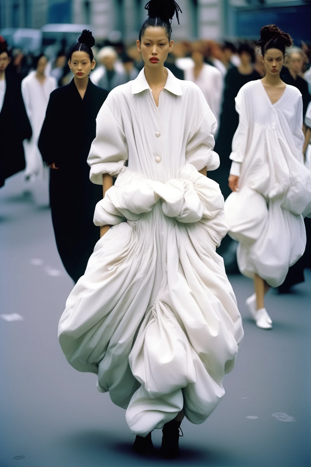 Avant-garde Fashion - streetstyle photograph of a runway model puffy in paris clothes from spring 1999, Yohji Yamamoto's featured a distinctive aesthetic that combined design elements with a monochromatic color scheme. In this specific runway photo, the garments showcased are white. midi dress portra 400