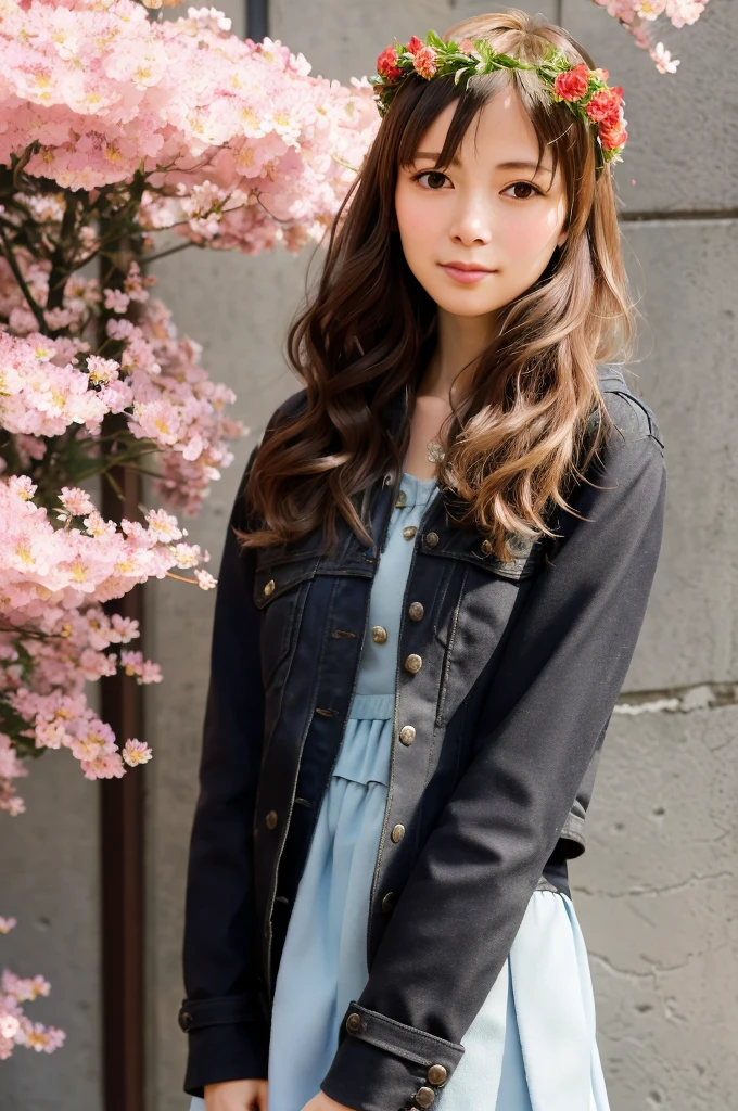 From one girl, young woman, Upper Body, (View your viewers:1.3), (School girl jacket), (Flower Crown), (Beautiful City, Beautiful sky background), Natural skin color, (Mouth closed:1.2), (Mid-chest), Floating Hair, Beautiful expression, Facial details, Fine-grained, iridescent detail, masterpiece, Highest quality, Realistic, Ultra-realistic, Super detailed, Perfect lighting, Depth of written boundary, Shadow, High resolution,