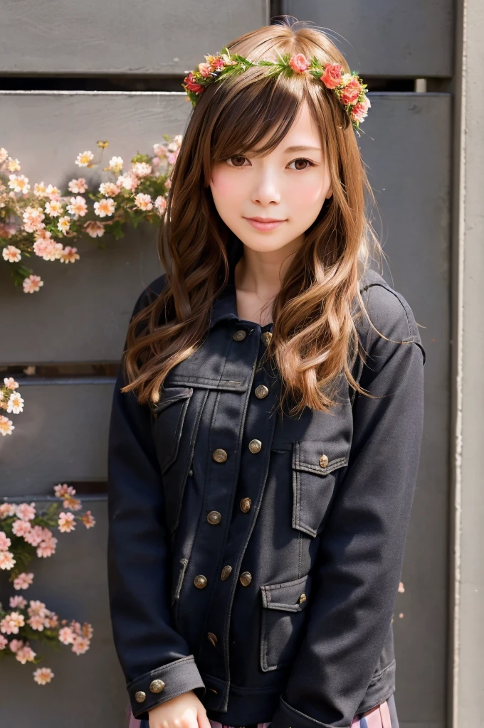From one girl, young woman, Upper Body, (View your viewers:1.3), (School girl jacket), (Flower Crown), (Beautiful City, Beautiful sky background), Natural skin color, (Mouth closed:1.2), (Mid-chest), Floating Hair, Beautiful expression, Facial details, Fine-grained, iridescent detail, masterpiece, Highest quality, Realistic, Ultra-realistic, Super detailed, Perfect lighting, Depth of written boundary, Shadow, High resolution, 