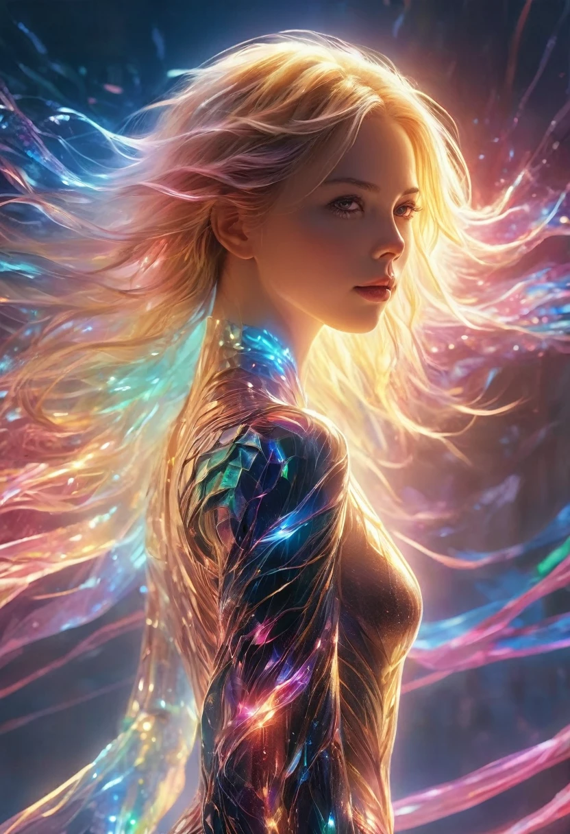 Top quality, top official art, beautiful and aesthetic masterpiece, highest level of detail, artwork is 4K, 8K, High Resolution, (Photorealistic: 1.5), Sharp Focus, Ultra Detailed Illustration of Female Silhouette, Fantastic Figure, (((Translucent Skin: 1.5))), (((Translucent Body: 1.5))), (((Knee to Head Shot))), Neon Light, Light Particles, Colorful, CMYK Color, Backlight, Beautiful Face, Detailed and Perfect Face, Big and Even Eyes, Perfect Proportion, Huge Breasts, Thin Waist, Navel, Wide Hips, Crotch Gap, Sexy Thighs, (Dynamic Pose: 1.3), (Change Pose: 1.5), (Dynamic Angle: 1.3,),