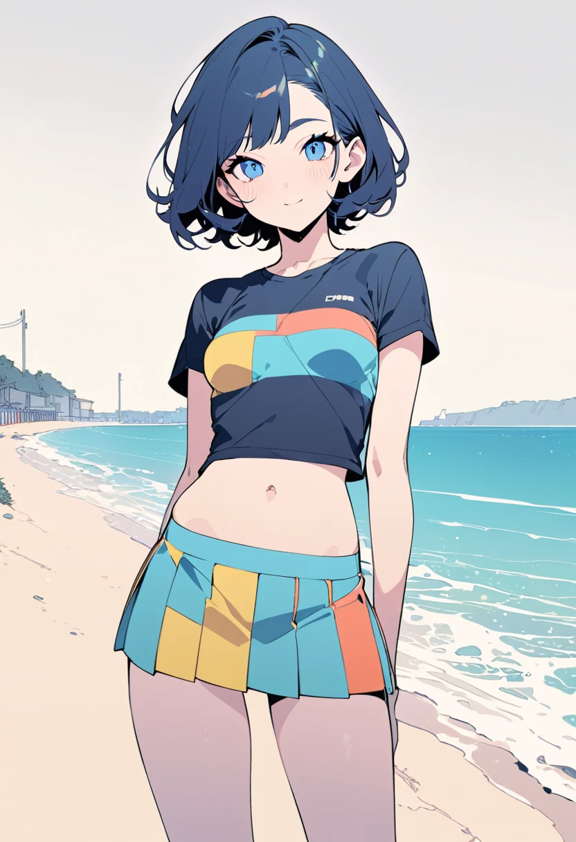 pastel flat color,(best quality, masterpiece, ultra highres, ultra-detailed) ,Girl standing along the road by the sea,very happy,Beautiful detailed scenery,pose for viewer,
(teen,detailed face,(darkblue wavy-short hair),eyebrows,middle small breasts),inspired by Victo Ngai cmyk palette,anatomically perfect,BREAK color-block short jacket,bellybutton t-shirt,mini skirt,