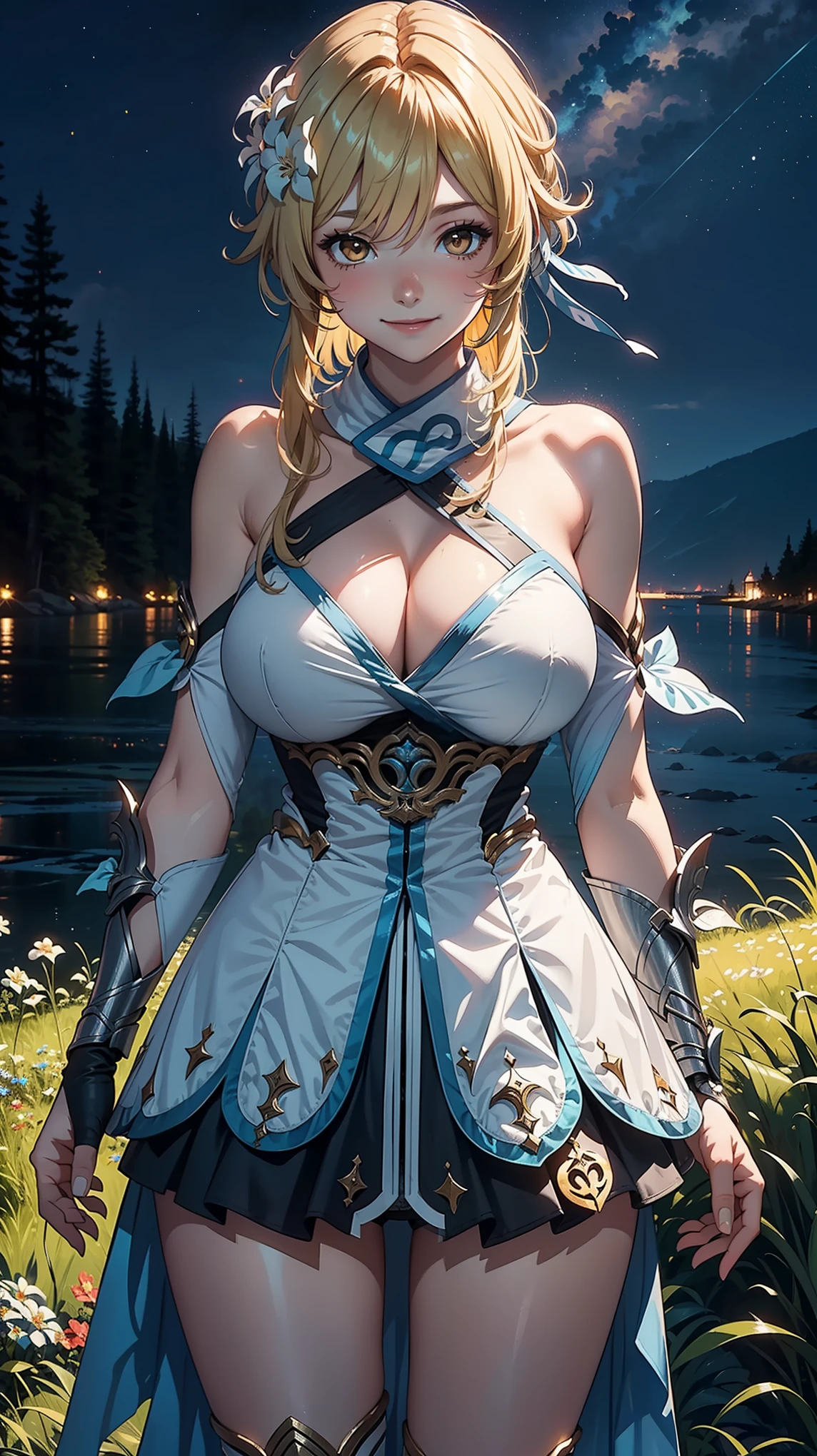 (Luminedef), (narrow waist), blushing, official art, detail face, cg, (standing, (expansive landscape photography:1.2),(night), huge breasts,smile,