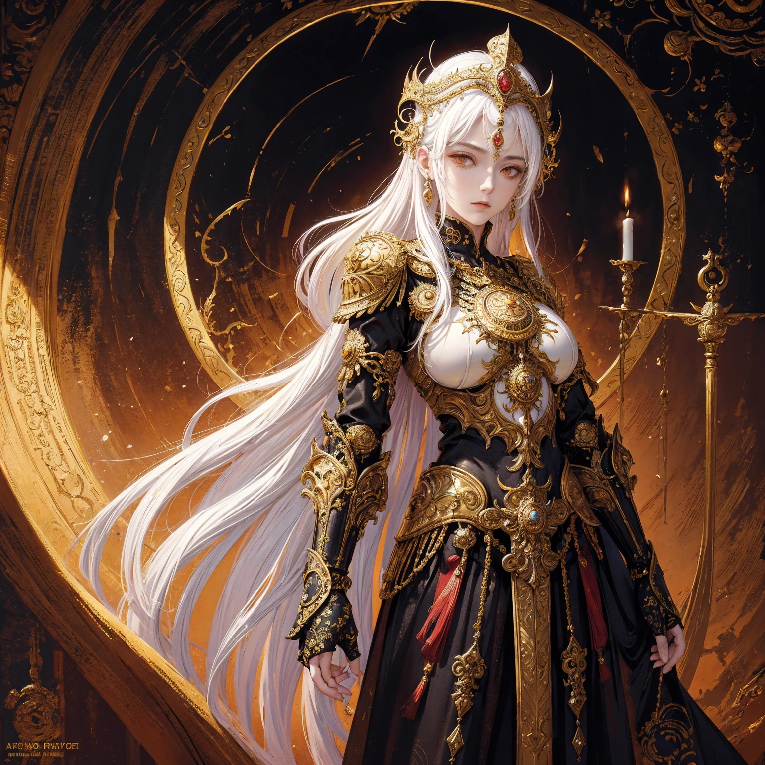 Art of woman wearing sun crown and ornate breastplate, ancient goddess art, Sacredness. Very detailed, Mysterious inspiration, Inspiration from the Sun God, Religious inspiration, Cold and snobbish face, Standing, Full body portrait, Gothic art style, Weird art style, Occult art, White hair