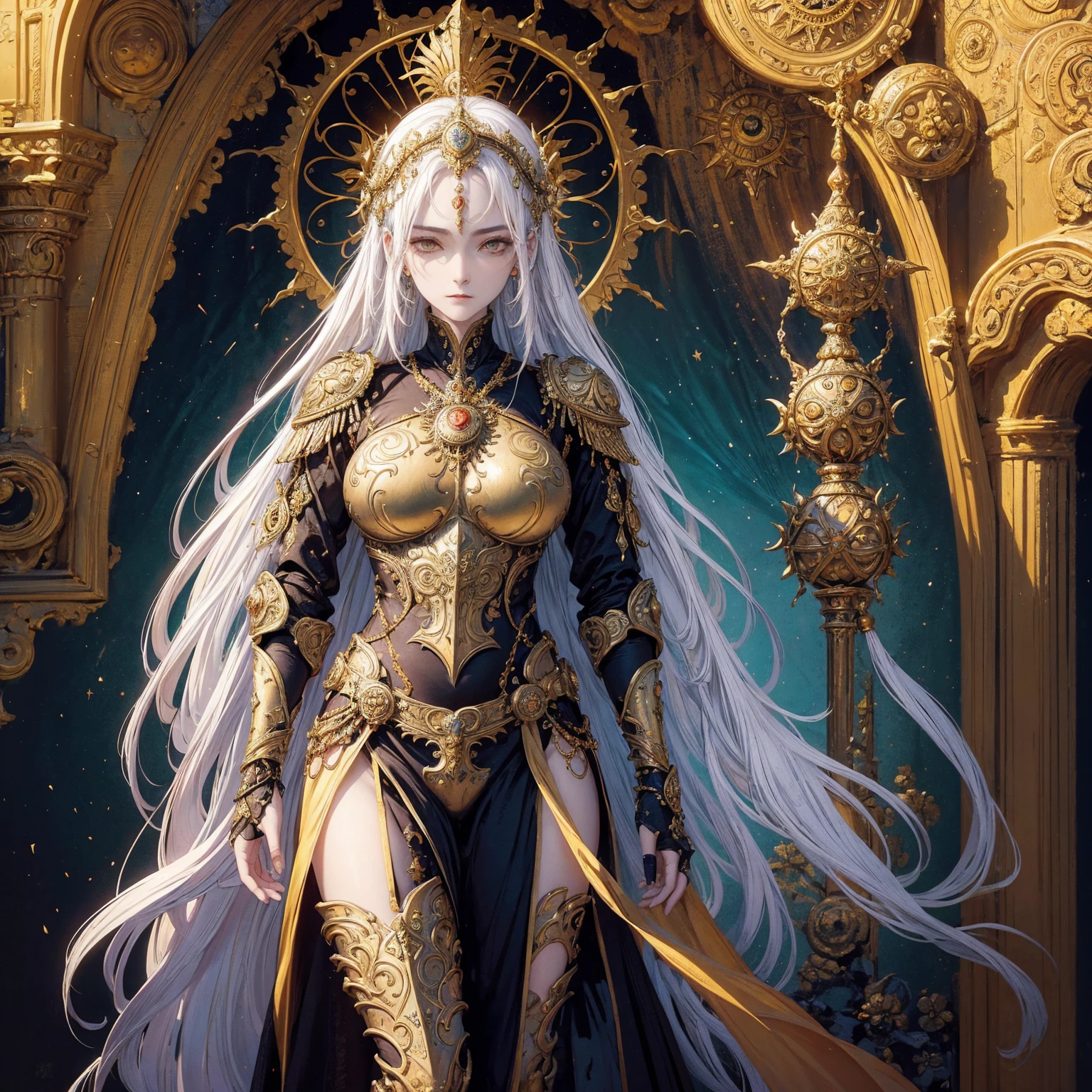 Art of woman wearing sun crown and ornate breastplate, ancient goddess art, Sacredness. Very detailed, Mysterious inspiration, Inspiration from the Sun God, Religious inspiration, Cold and snobbish face, Standing, Full body portrait, Gothic art style, Weird art style, Occult art, White hair