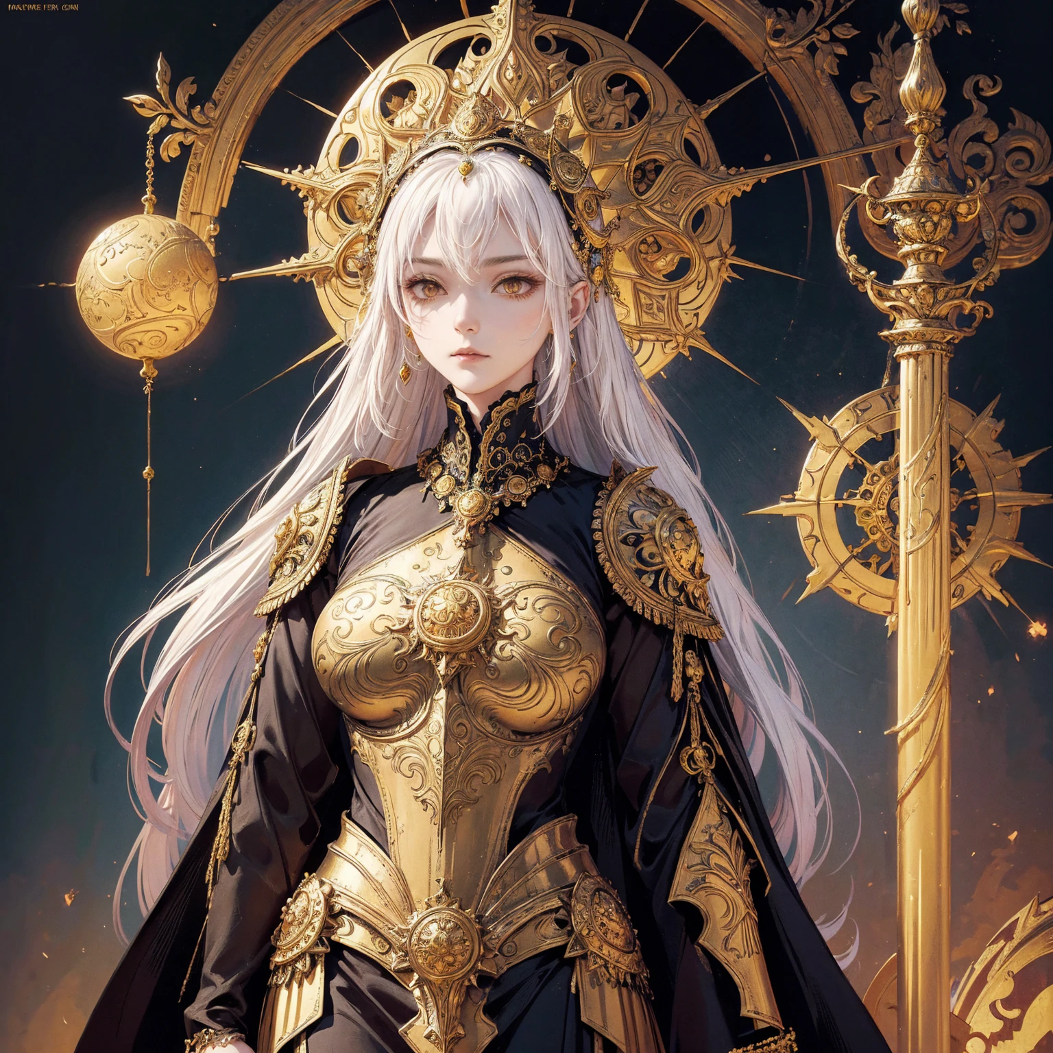 Art of woman wearing sun crown and ornate breastplate, ancient goddess art, Sacredness. Very detailed, Mysterious inspiration, Inspiration from the Sun God, Religious inspiration, Cold and snobbish face, Standing, Full body portrait, Gothic art style, Weird art style, Occult art, White hair