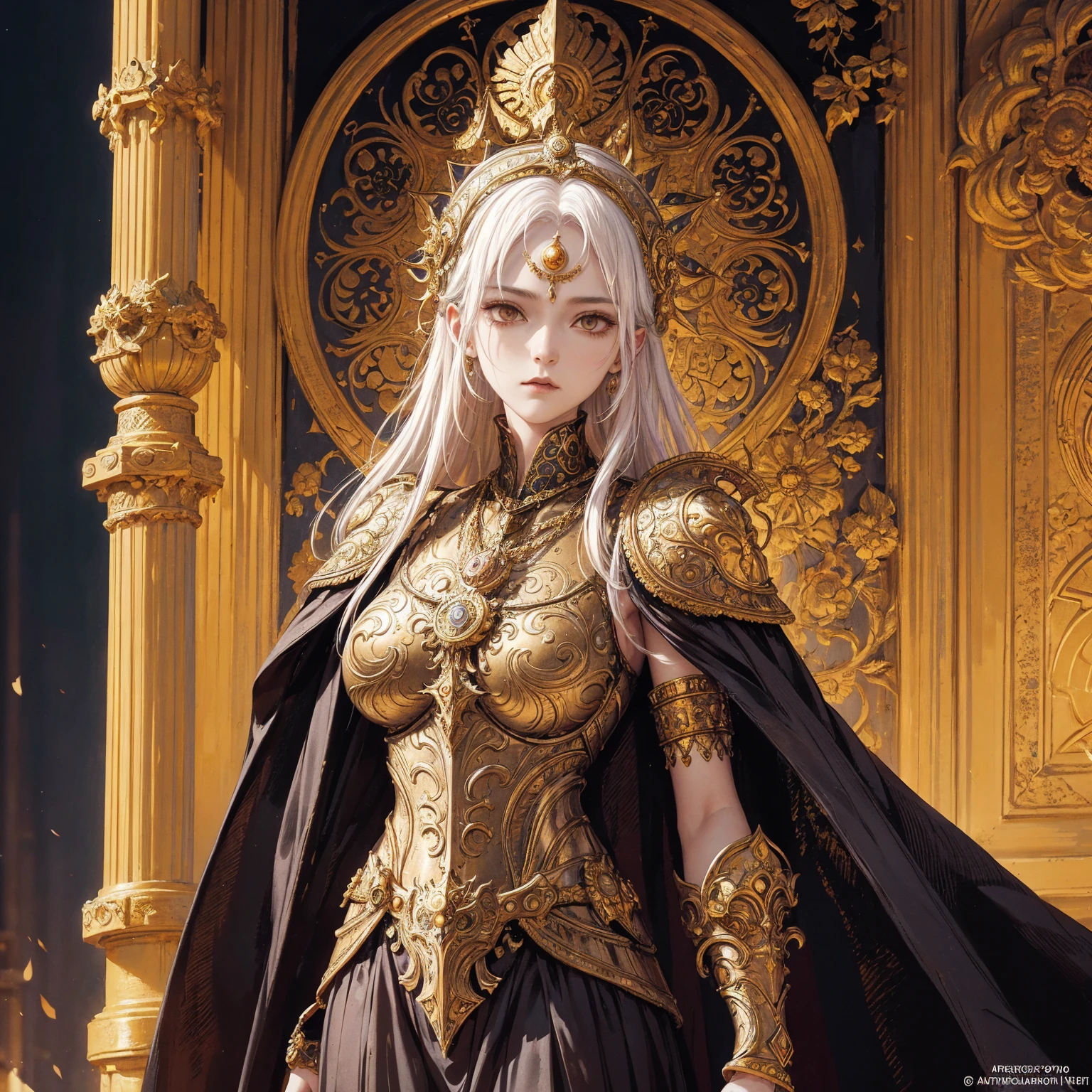 Art of woman wearing sun crown and ornate breastplate, ancient goddess art, Sacredness. Very detailed, Mysterious inspiration, Inspiration from the Sun God, Religious inspiration, Cold and snobbish face, Standing, Full body portrait, Gothic art style, Weird art style, Occult art, White hair