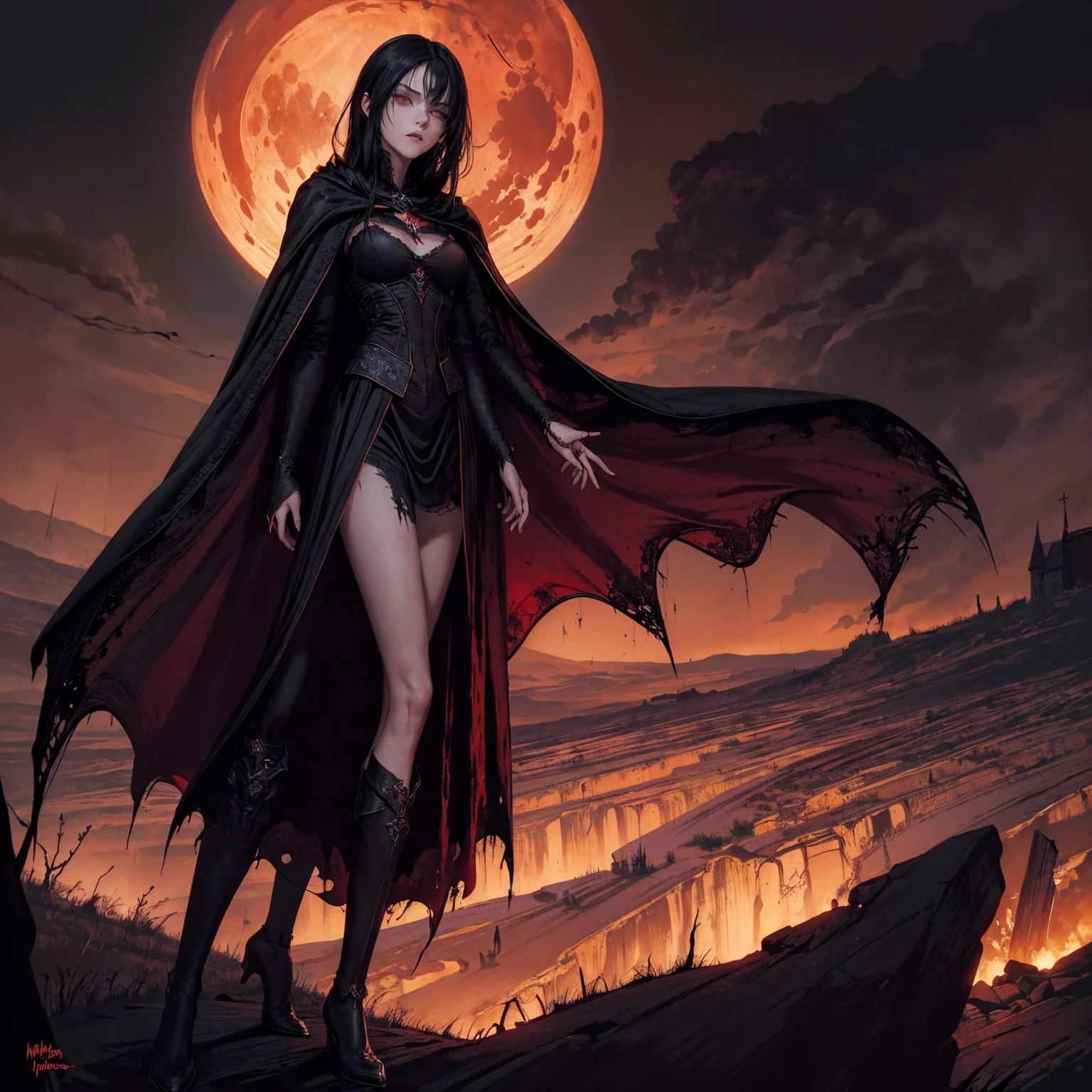 best quality, 4K, high resolution, masterpiece:1.2, Very detailed, actual:1.37, Mood lighting, Girl in a long cape, Dangerous sneer, Standing, Crucified, Pitch black sky, Blood-red moon, strange atmosphere, Gothic style, Unforgettable beauty, Dramatic shadows, Ethereal Light, Mysterious atmosphere, Black Hair