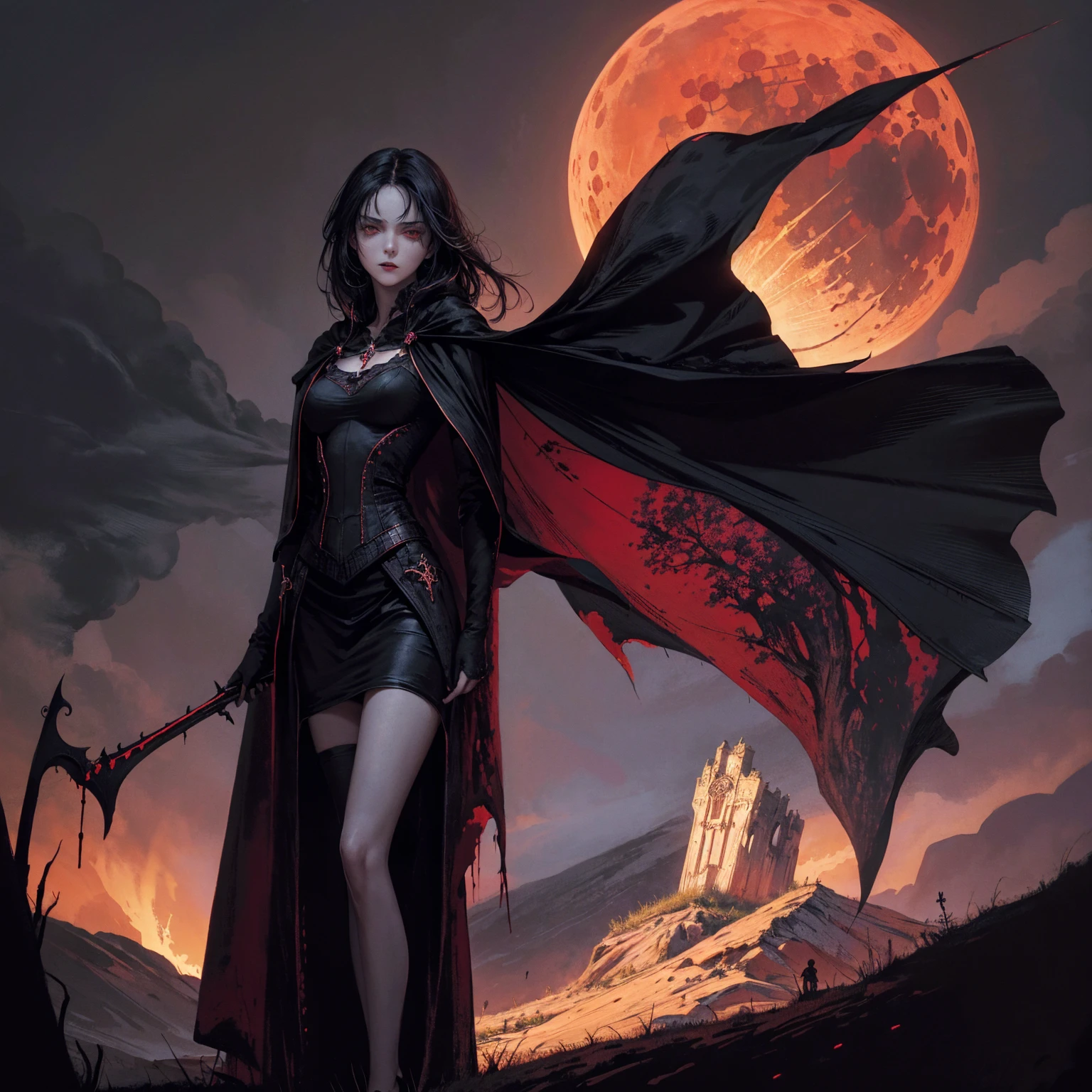 best quality, 4K, high resolution, masterpiece:1.2, Very detailed, actual:1.37, Mood lighting, Girl in a long cape, Dangerous sneer, Standing, Crucified, Pitch black sky, Blood-red moon, strange atmosphere, Gothic style, Unforgettable beauty, Dramatic shadows, Ethereal Light, Mysterious atmosphere, Black Hair