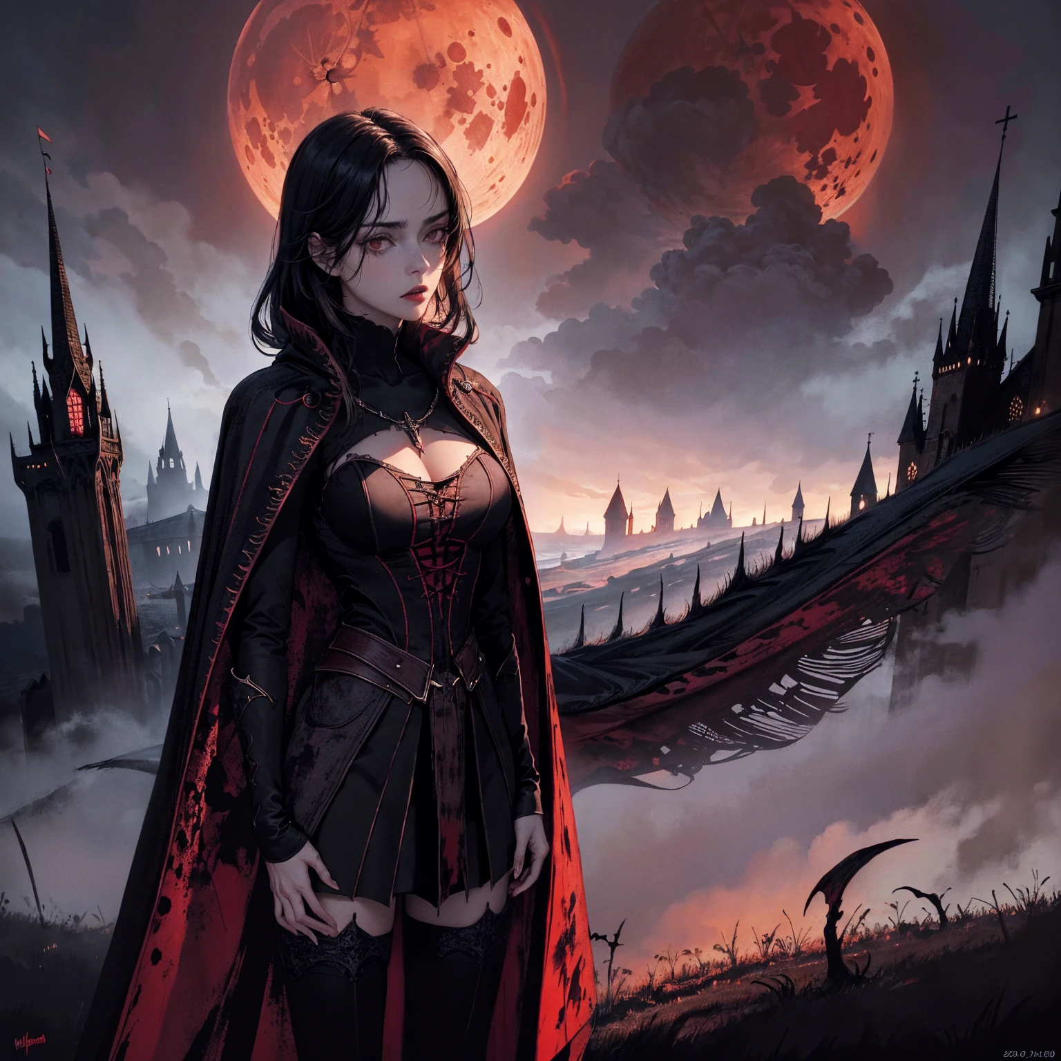 best quality, 4K, high resolution, masterpiece:1.2, Very detailed, actual:1.37, Mood lighting, Girl in a long cape, Dangerous sneer, Standing, Crucified, Pitch black sky, Blood-red moon, strange atmosphere, Gothic style, Unforgettable beauty, Dramatic shadows, Ethereal Light, Mysterious atmosphere, Black Hair