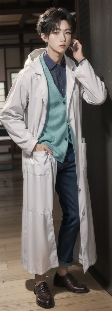(Fair skin),((white lab coat)), (black hoodie underneath),Iris,(gender: Natural Face),(Japanese),(leather shoes),long body,handsome young asian man, Japanese idol style, short clean-cut hair, (center part), calm confident expression, hands in lab coat pockets, plain white background, portrait, high quality, detailed, 8K