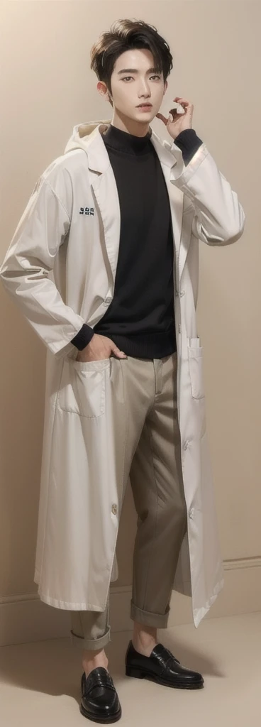 (Fair skin),((white lab coat)), (black hoodie underneath),Iris,(gender: Natural Face),(Japanese),(leather shoes),long body,handsome young asian man, Japanese idol style, short clean-cut hair, (center part), calm confident expression, hands in lab coat pockets, plain white background, portrait, high quality, detailed, 8K