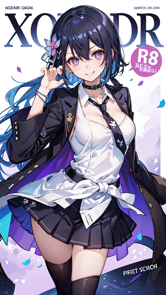 masterpiece, best quality,  full body,
1girl, bangs, black choker, black necktie, black hair, blue skirt, blush, bracelet, breasts, choker, clothes around waist, collarbone, collared shirt, cowboy shot, dress shirt, ear piercing, eyebrows visible through hair, gradient hair, grin, gyaru, jewelry, kogal, long hair, looking at viewer, loose necktie, necktie, piercing, plaid, plaid skirt, pleated skirt, red eyes, ring, school uniform, shirt, skirt, smile, solo, white shirt,
street, sky, cherry blossoms, petals,illustration, (magazine:1.3), (cover-style:1.3), fashionable, woman, vibrant, outfit, posing, front, colorful, dynamic, background,  elements, confident, expression, holding, statement, accessory, majestic, coiled, around, Touch, scene, Text, cover, bold, attention-grabbing, title, stylish, Font, catchy, headline, larger, striking, modern, trendy, focus, fashion,Female Kirito、Long hair、Black tights，手