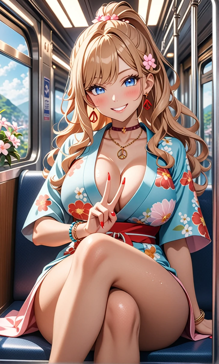 ultra-detailed, ((one girl)), (tan skin improved:1.1), in pastel colors gyaru, (sweat skin), (heavy makeup), hyper detailed, absurdres, 8K, Beautiful Face, (Laugh shyly), ((teasing smile:1.8)),((Wink:1.6)), (Laugh with your mouth wide open),((Tilt your head:1.6)), View your viewers, ((Bright red cheeks:1.6)),Glossy Red Lips, ((Big Breasts:1.5)), ((show off breast)), noon, on the train,sit, ((Anime style background)),masterpiece, Highest quality, so beautiful,Latest, Complex details, (Pink long nails), (nail art), (ring),(bracelet), (Floral Choker),AI-generated, Complex,High resolution, Highest quality, super high quality,3D Images、3D Images,One person,Yellow long hair,(High Ponytail), (wavy hair:1.3), (blue eyes), Anime woman posing for a photo, ((Fine grain、blue eyes、glowing eyes:1.4)), (Squint your eyes:1.1),a hyperRealistic , hyperRealistic , Realistic,Anime woman with long yellow hair, Smooth anime CG art, A girl wearing a pastel-colored kimono, ((Pastel-colored furisode)),(Pink large floral pattern) ,Long flower hair ornament,Floral Earrings,Mature Body, tall,Narrow waist, ((Crossing your legs:1.3)),((make a peace sign:1.3)),