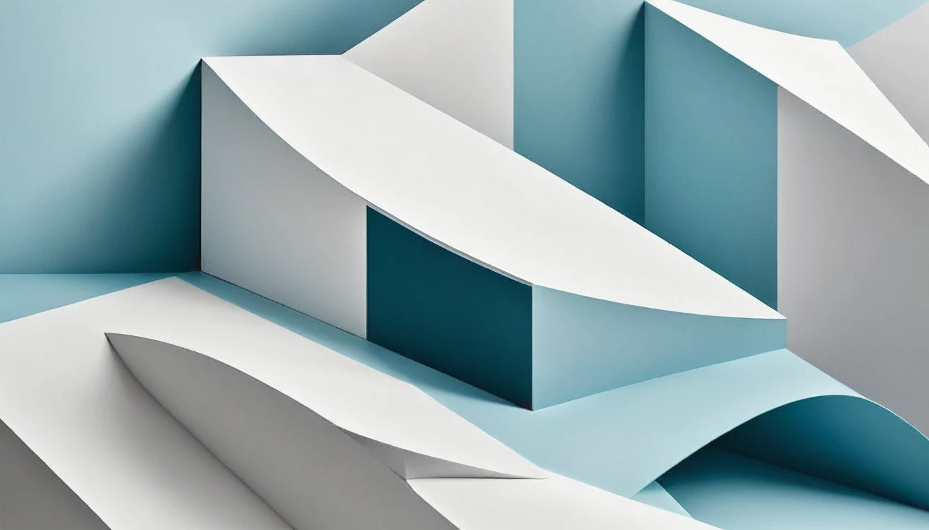central geometric shape. The shape should be a soft, muted color such as pastel blue or light gray. The background should be a plain, solid color, like white or a very light shade of the shape's color. Ensure the image has a clean, uncluttered appearance with a lot of negative space, focusing on simplicity and elegance. The overall style should evoke a sense of calm and serenity, with smooth lines and a balanced composition.