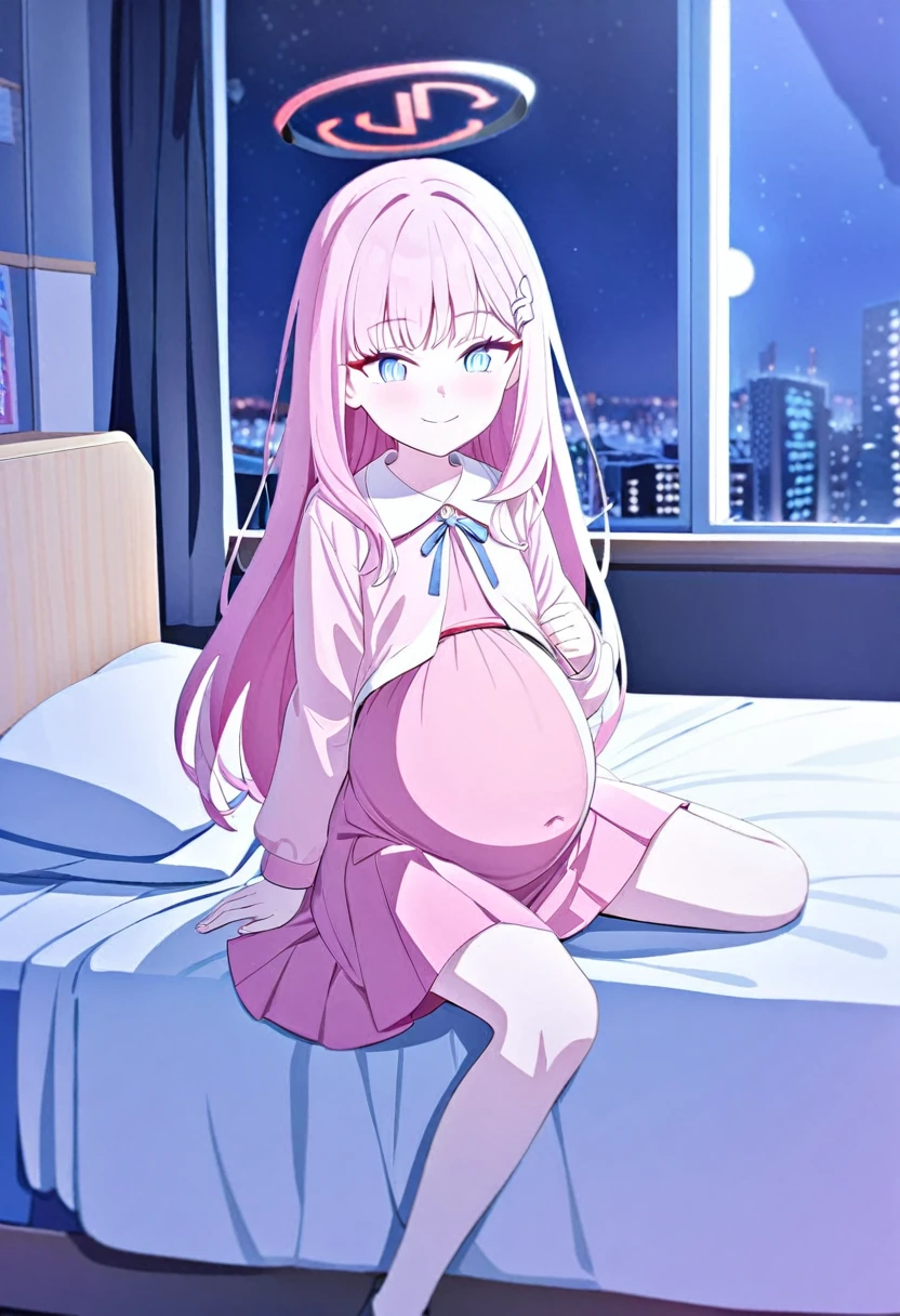 rio/Blue archive, 1 girl,long hair,pink hair,blue eye,kinder garten ,pink uniform,skirt, pregnant, sit bed, night time, smile,flower hair clip,