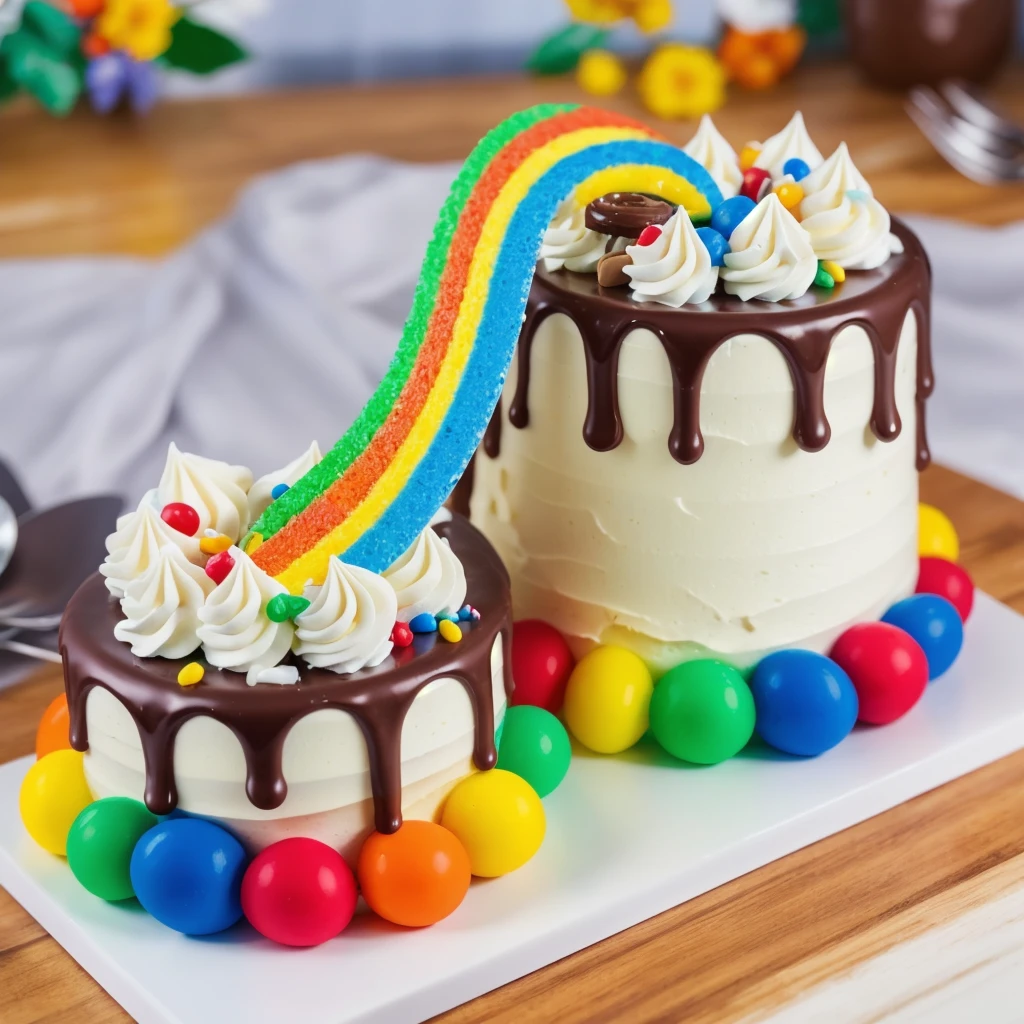 on a wooden table, on a porcelain plate, two cakes made of white cream, sugar candies on the bottom, chocolate ganache on the cake, white swirls on the chocolate ganache, window light, bright lights, soft light, window light, professional lighting, light from the window, neat light, realistic texture, realistic style, detailed texture, high quality, high resolution, high quality rendering, realistic photo, brightning light, macro photo