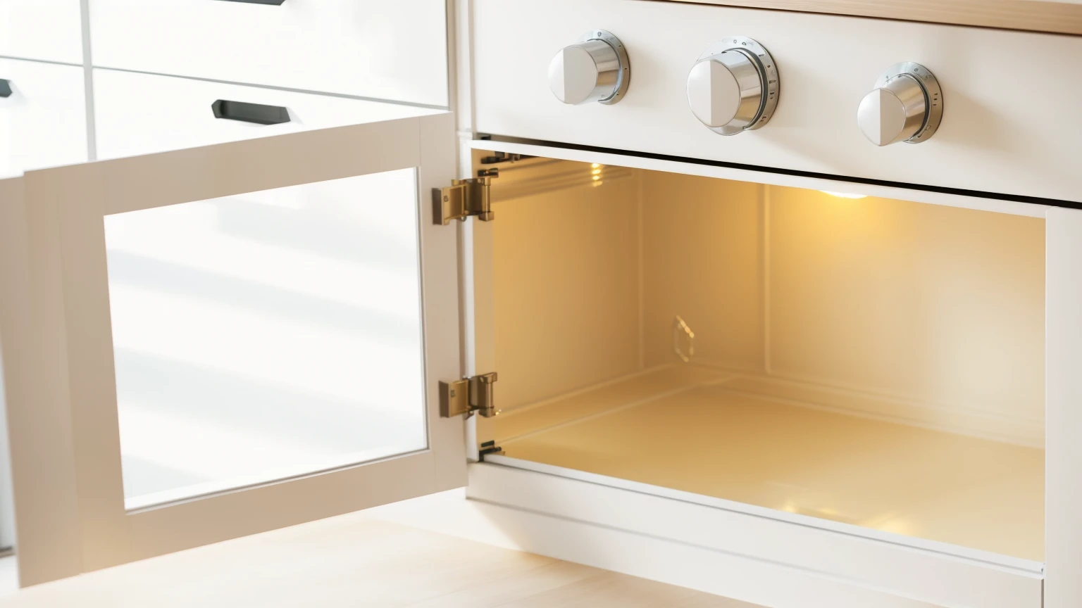 kitchen, KITCHEN DRAWERS WHITE, OVEN WITH OPEN DOOR AND LIGHT, Realistic style, realistic texture, high quality, A high resolution, DETAILED TEXTURES, BRIGHT LIGHTING, Beautiful light from the window, Beautiful sunlight, Multiple light sources