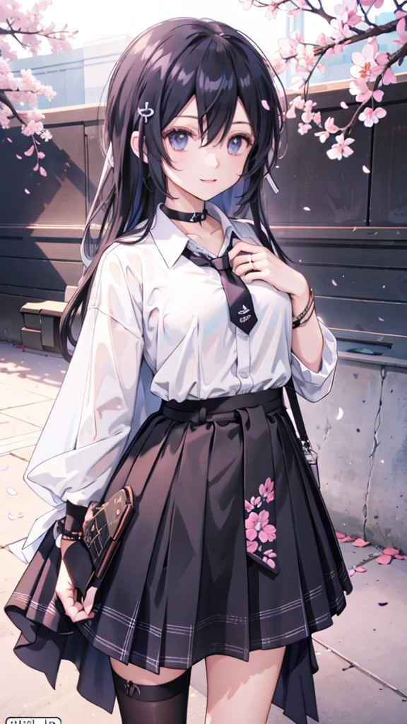 masterpiece, best quality, full body,
1girl, bangs, black choker, black necktie, black hair, blue skirt, blush, bracelet, breasts, choker, clothes around waist, collarbone, collared shirt, cowboy shot, dress shirt, ear piercing, eyebrows visible through hair, gradient hair, grin, gyaru, jewelry, kogal, long hair, looking at viewer, loose necktie, necktie, piercing, plaid, plaid skirt, pleated skirt, red eyes, ring, school uniform, shirt, skirt, smile, solo, white shirt,
street, sky, cherry blossoms, petals,illustration, (magazine:1.3), (cover-style:1.3), fashionable, woman, vibrant, outfit, posing, front, colorful, dynamic, background, elements, confident, expression, holding, statement, accessory, majestic, coiled, around, Touch, scene, Text, cover, bold, attention-grabbing, title, stylish, Font, catchy, headline, larger, striking, modern, trendy, focus, fashion,Female Kirito、Long hair、Black tights,手