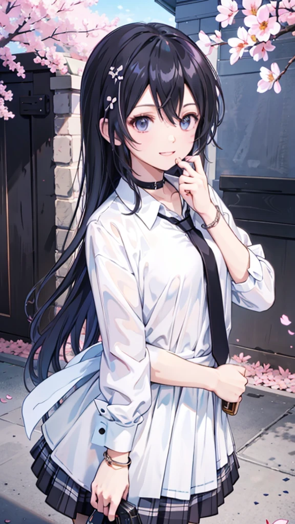 masterpiece, best quality, full body,
1girl, bangs, black choker, black necktie, black hair, blue skirt, blush, bracelet, breasts, choker, clothes around waist, collarbone, collared shirt, cowboy shot, dress shirt, ear piercing, eyebrows visible through hair, gradient hair, grin, gyaru, jewelry, kogal, long hair, looking at viewer, loose necktie, necktie, piercing, plaid, plaid skirt, pleated skirt, red eyes, ring, school uniform, shirt, skirt, smile, solo, white shirt,
street, sky, cherry blossoms, petals,illustration, (magazine:1.3), (cover-style:1.3), fashionable, woman, vibrant, outfit, posing, front, colorful, dynamic, background, elements, confident, expression, holding, statement, accessory, majestic, coiled, around, Touch, scene, Text, cover, bold, attention-grabbing, title, stylish, Font, catchy, headline, larger, striking, modern, trendy, focus, fashion,Female Kirito、Long hair、Black tights,手