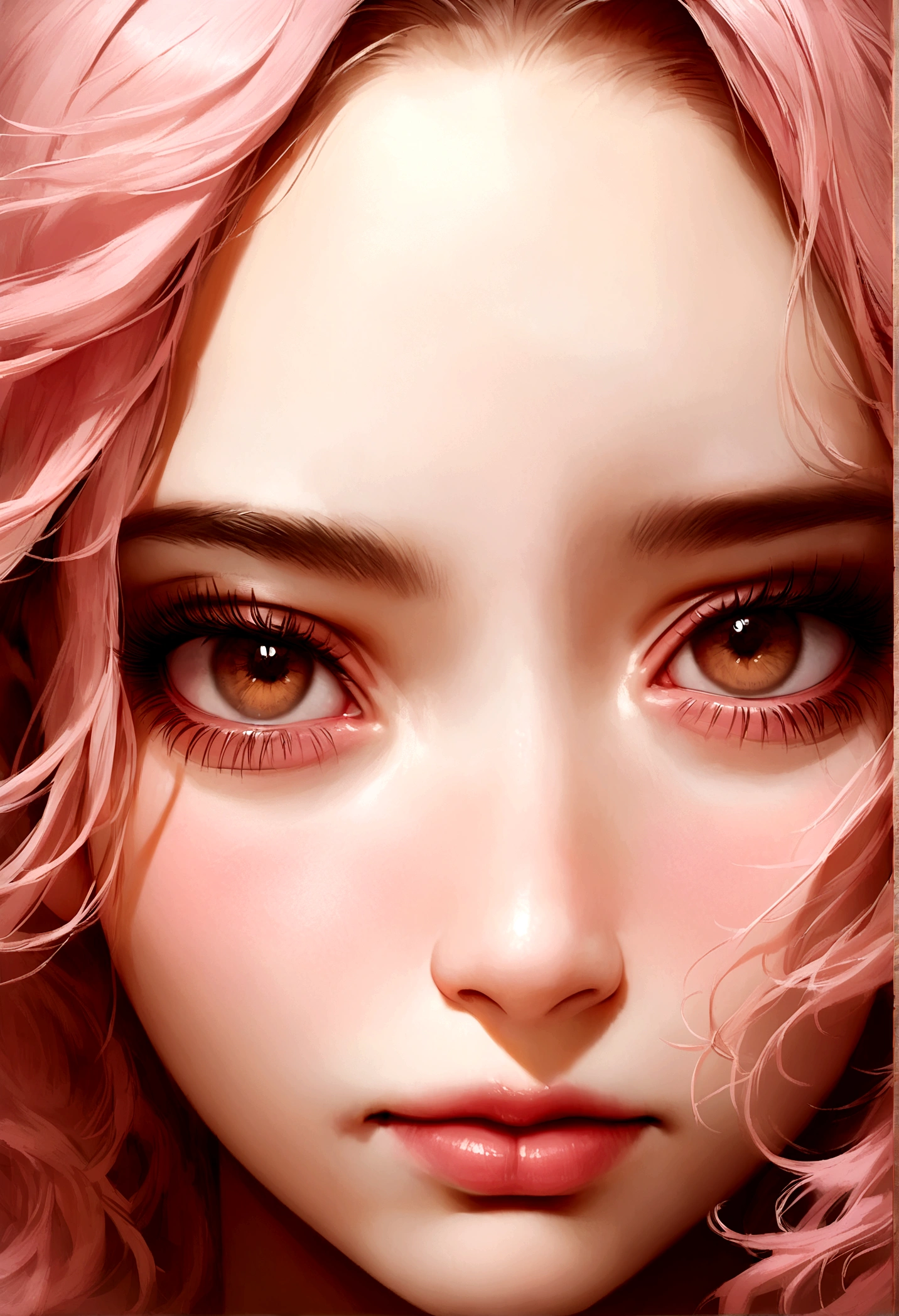 close face, perfect face, cute face, 25yo, light pink hair color too close face, same fae, pink shir, green view, real face, realistic, brown eyes, perfect eyelash, Korean eyelash, brown eyes color