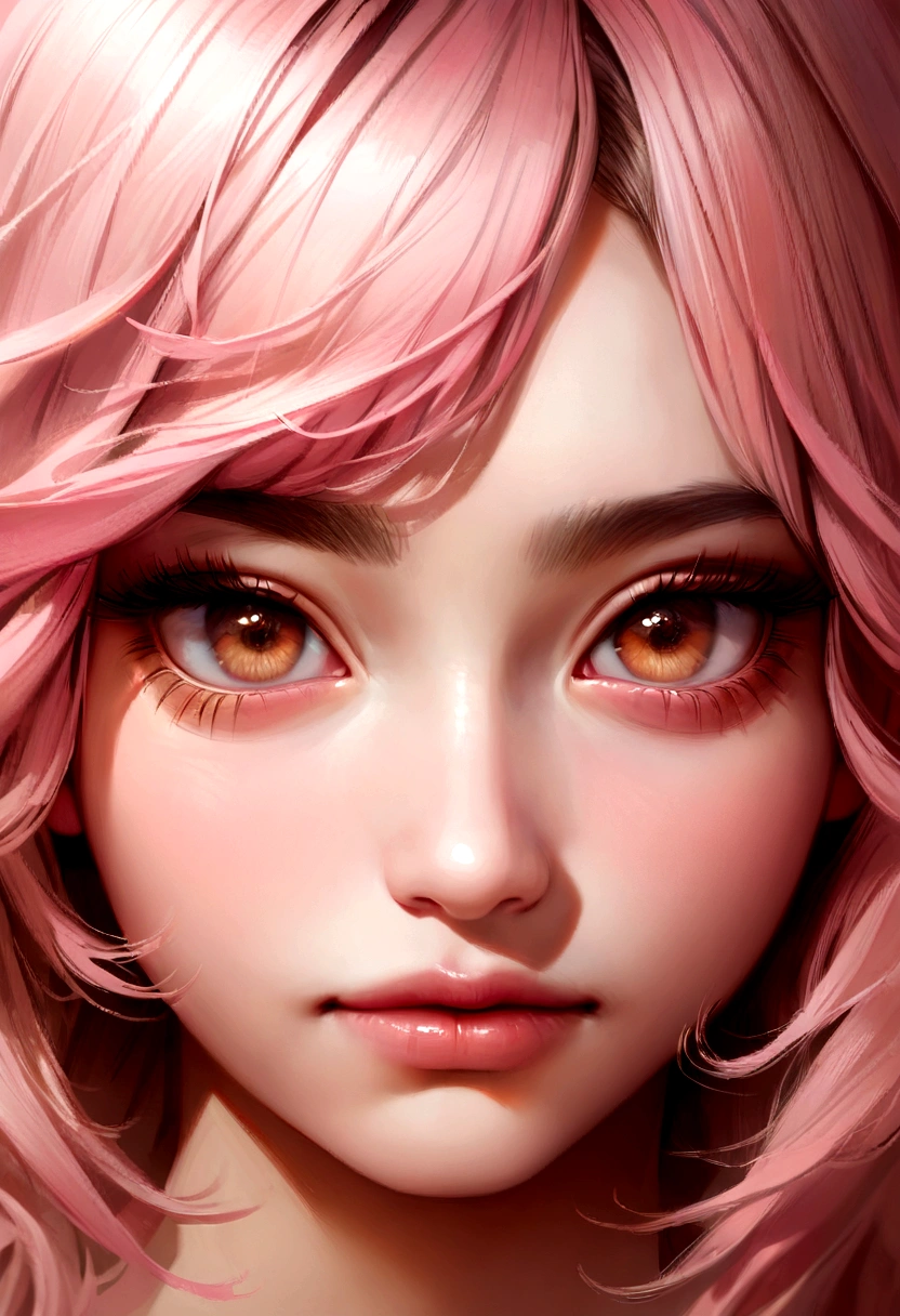 close face, perfect face, cute face, 25yo, light pink hair color too close face, same fae, pink shir, green view, real face, realistic, brown eyes, perfect eyelash, Korean eyelash, brown eyes color