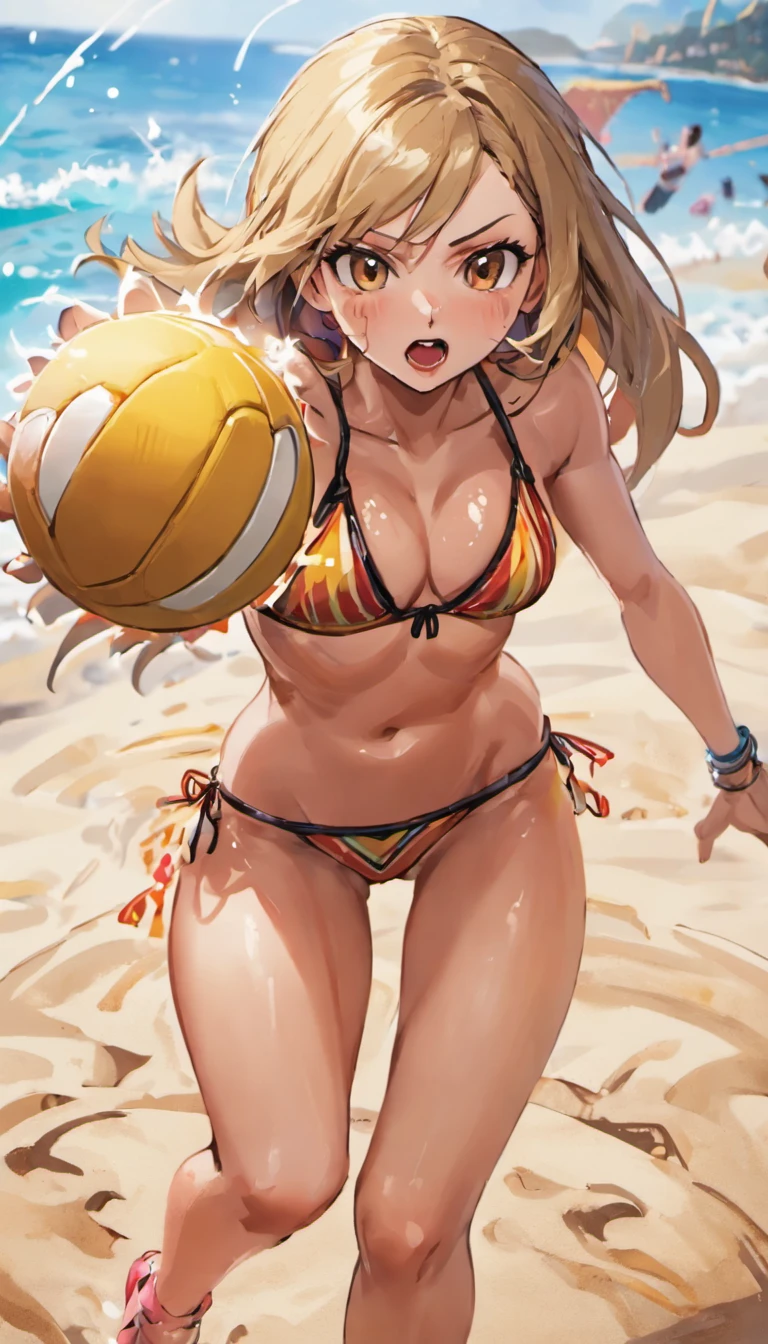 Full body shot, action shot, beautiful detailed woman in a bikini, beach volleyball, woman jumping, hitting the ball, playing for fun, (best quality,4k,8k,highres,masterpiece:1.2),ultra-detailed,(realistic,photorealistic,photo-realistic:1.37),highly detailed face and body, beautiful detailed eyes,beautiful detailed lips,extremely detailed eyes and face,longeyelashes,realistic skin texture,dynamic action pose,sand beach background,ocean waves in background,warm sunny lighting,vibrant colors,detailed environment