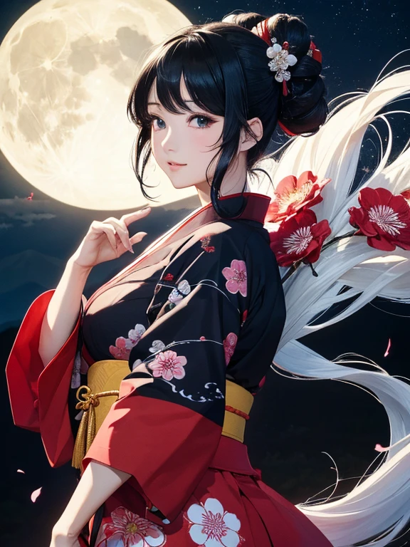 (Highest quality、masterpiece、High resolution、8K)、Ukiyo-e、Vibrant colors、Katsushika Hokusai、1 female、Black hair Japanese topknot、whole body、Bon dance、着物は和装で白地に鮮やかなflower柄模様、Official Art、背景はUkiyo-e風、White waves,Fuji Mountain,flower,moon,cloud,